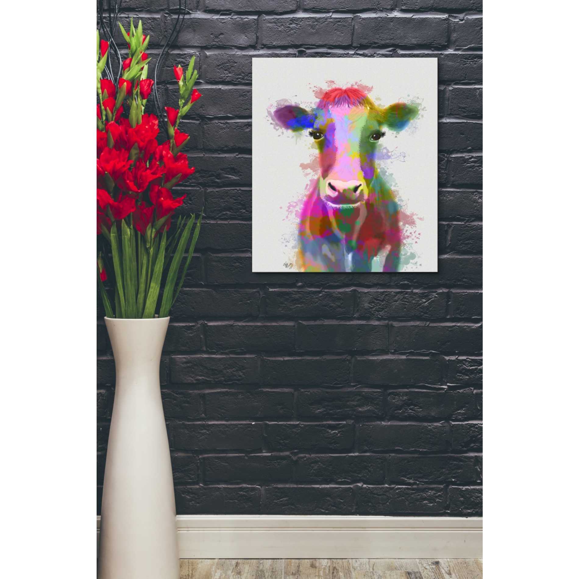 'Rainbow Splash Cow' by Fab Funky Giclee Canvas Wall Art