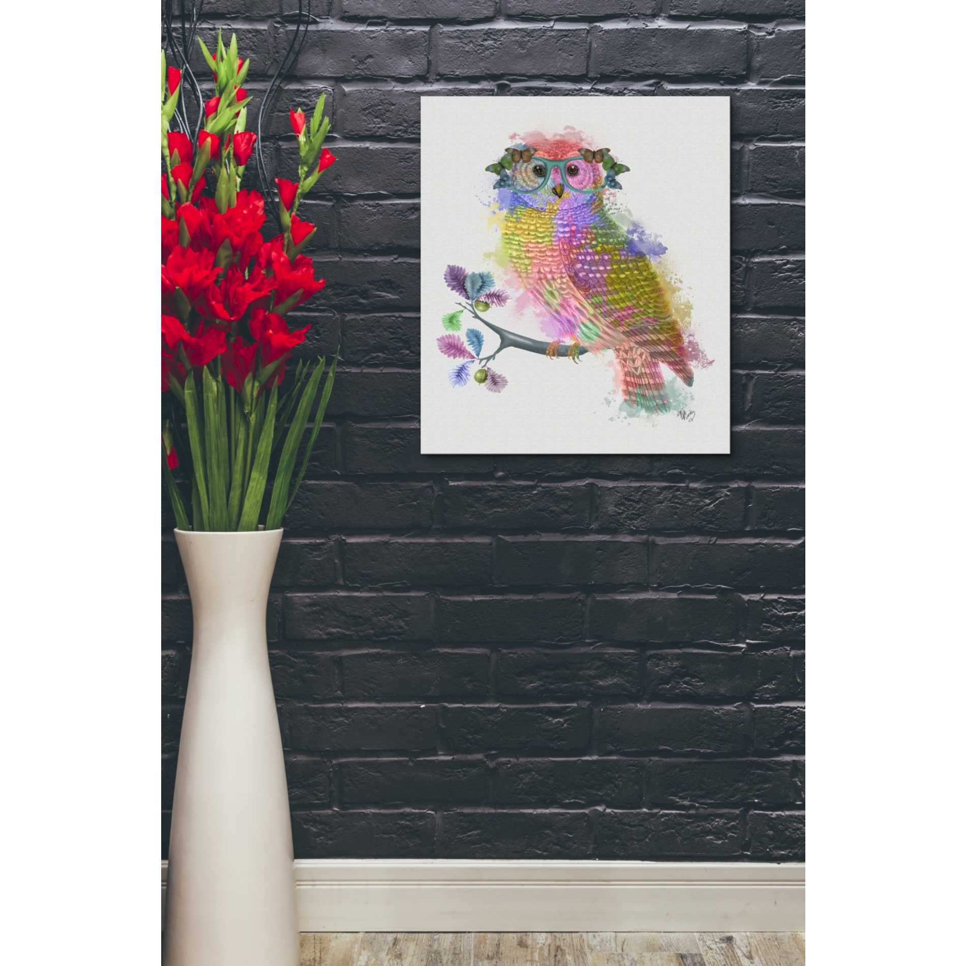 'Rainbow Splash Owl' by Fab Funky Giclee Canvas Wall Art