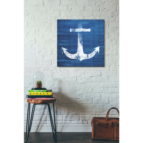 Image of 'Blue and White Anchor' by Linda Woods, Canvas Wall Art,26 x 26
