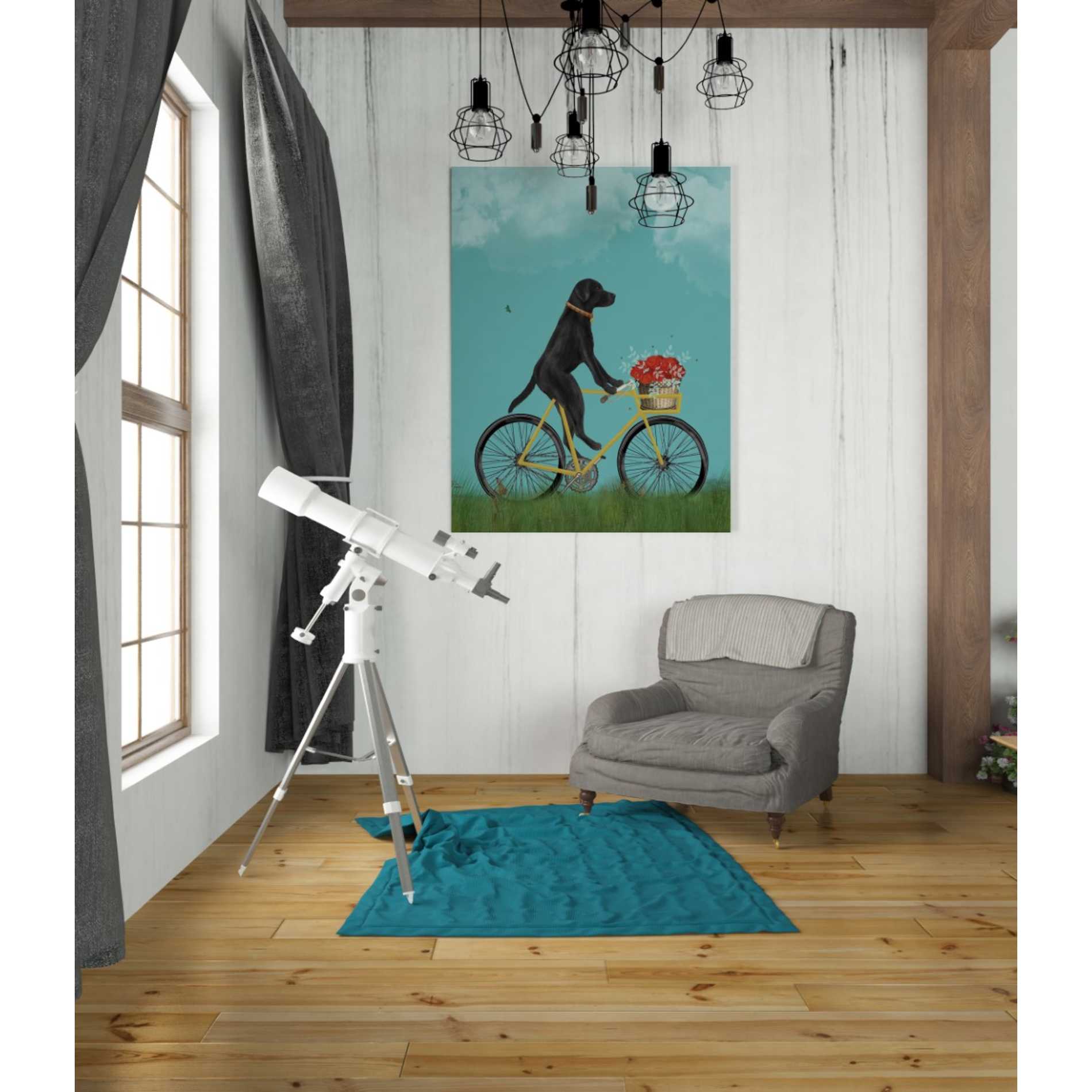 'Black Labrador on Bicycle - Sky' by Fab Funky Giclee Canvas Wall Art