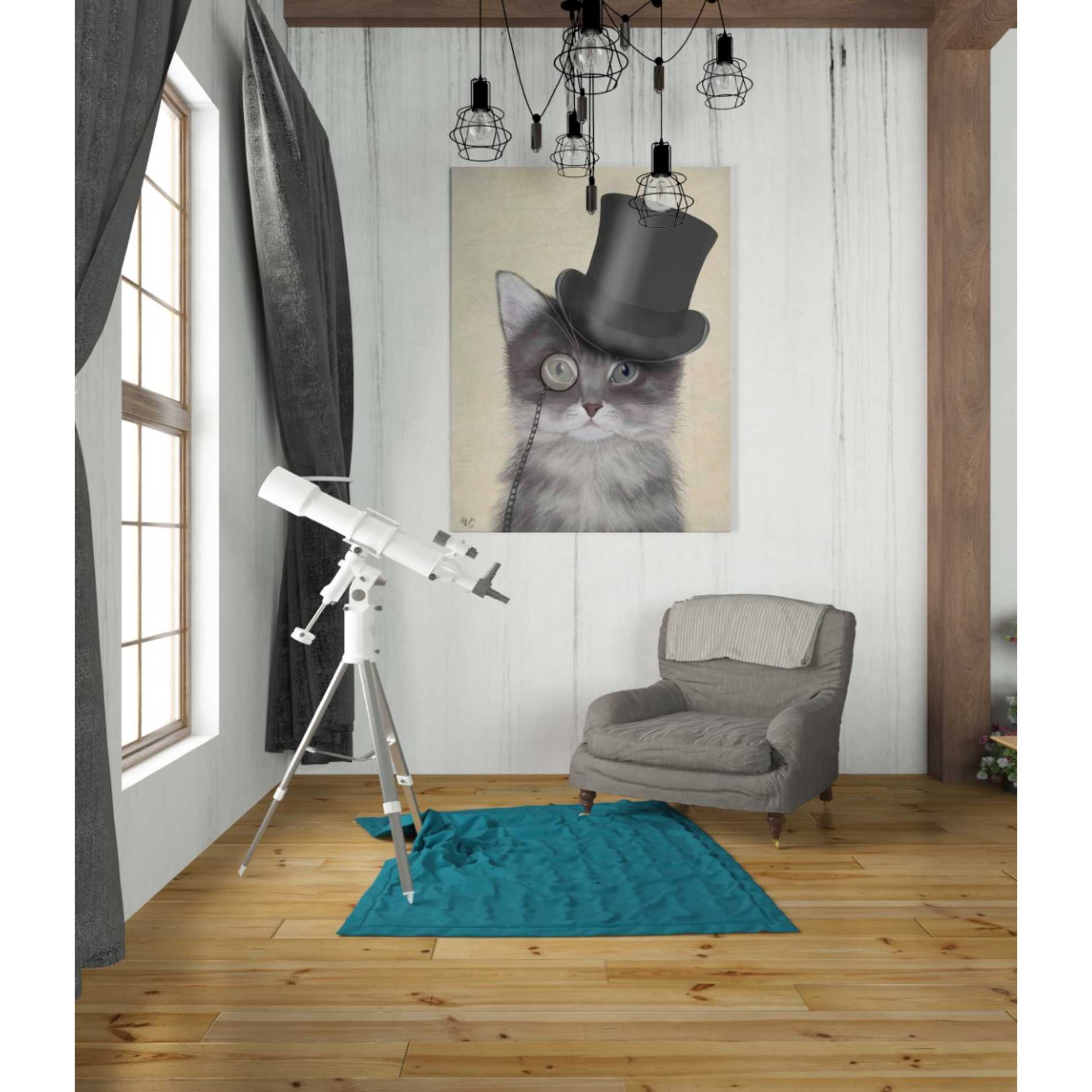 'Cat, Grey with Top Hat' by Fab Funky Giclee Canvas Wall Art