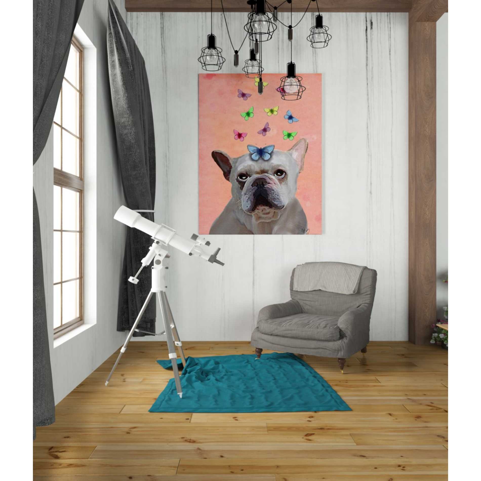 'White French Bulldog and Butterflies' by Fab Funky Giclee Canvas Wall Art