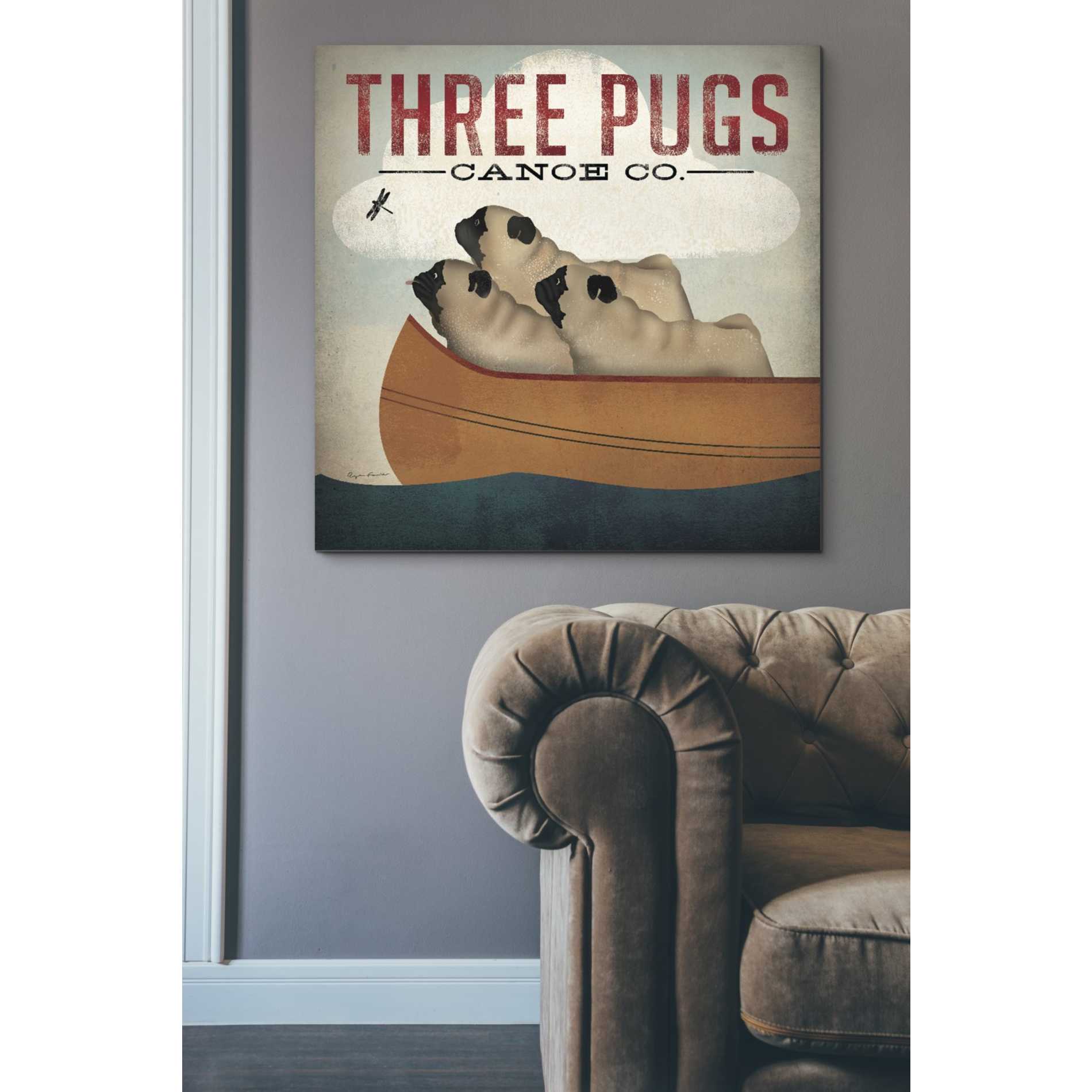 'Three Pugs in a Canoe v' by Ryan Fowler, Canvas Wall Art,37 x 37