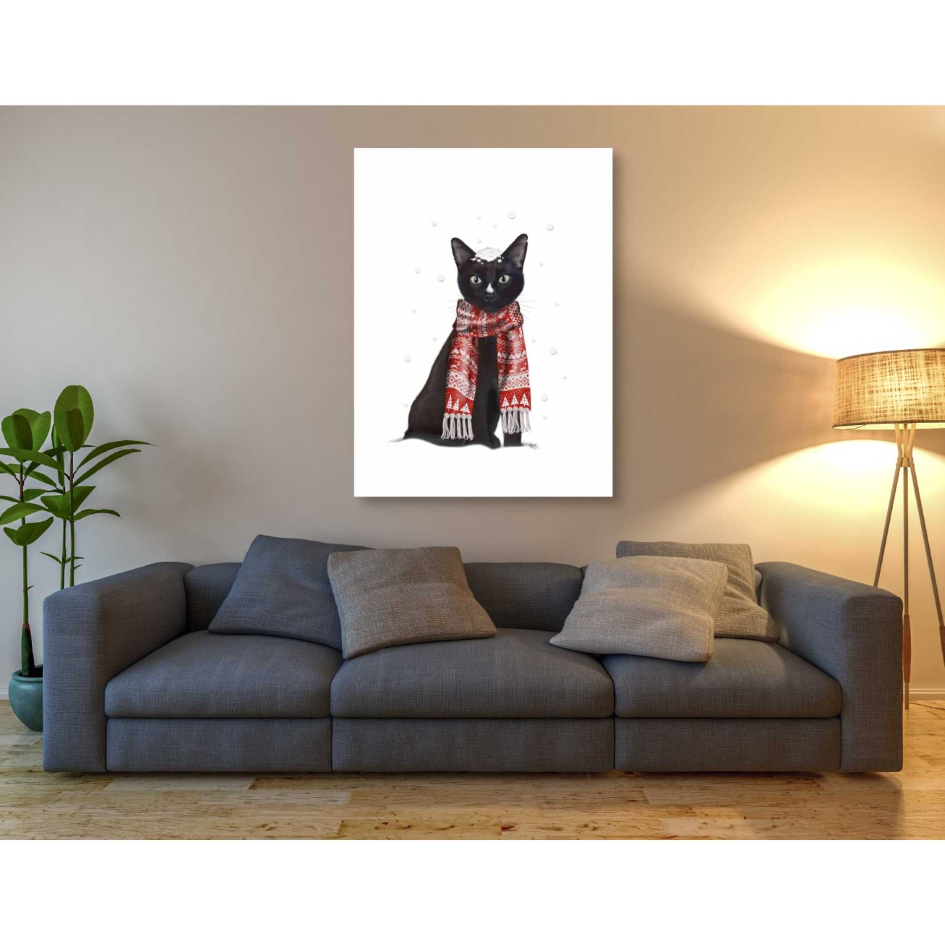 'Black Cat, Red Scarf' by Fab Funky Giclee Canvas Wall Art