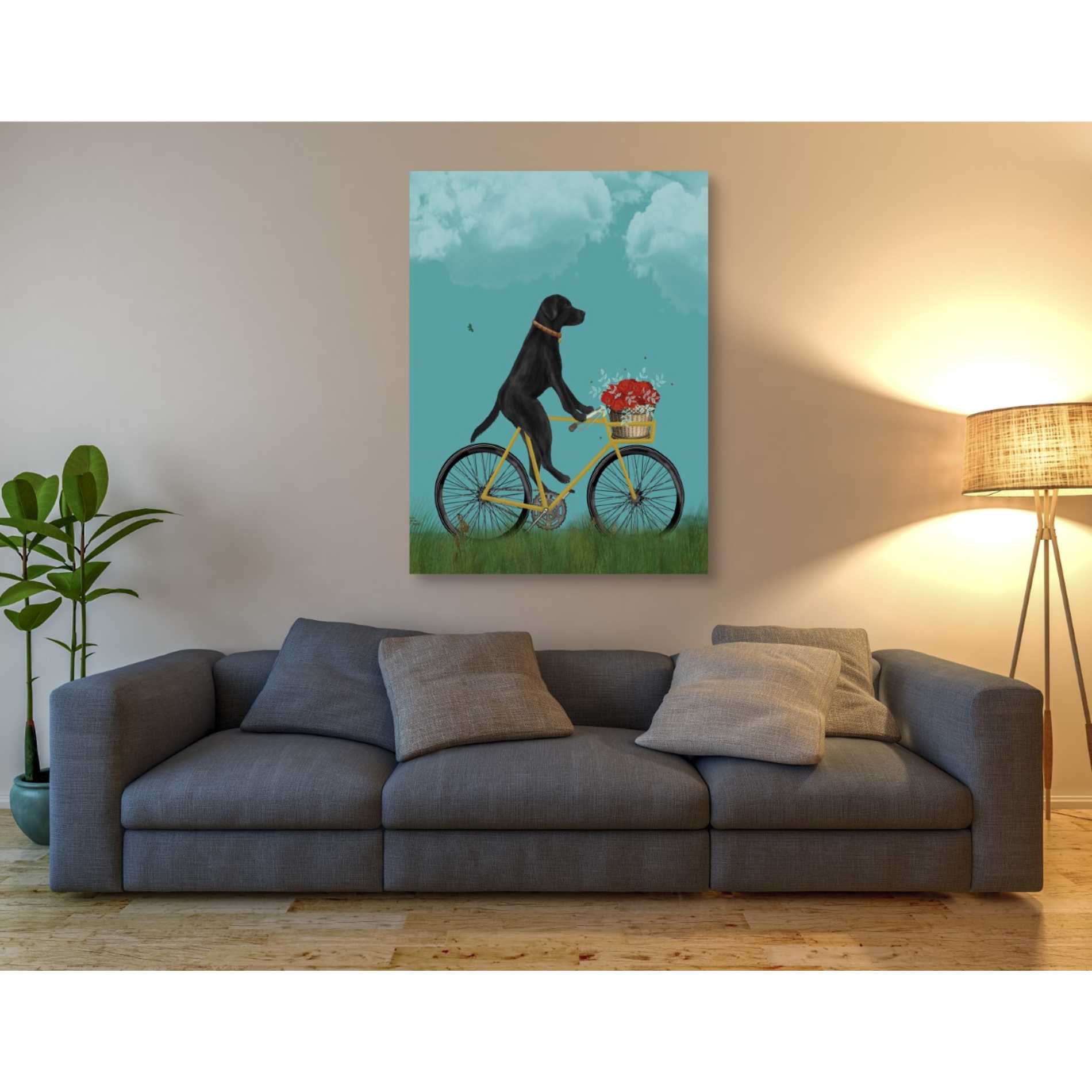 'Black Labrador on Bicycle - Sky' by Fab Funky Giclee Canvas Wall Art