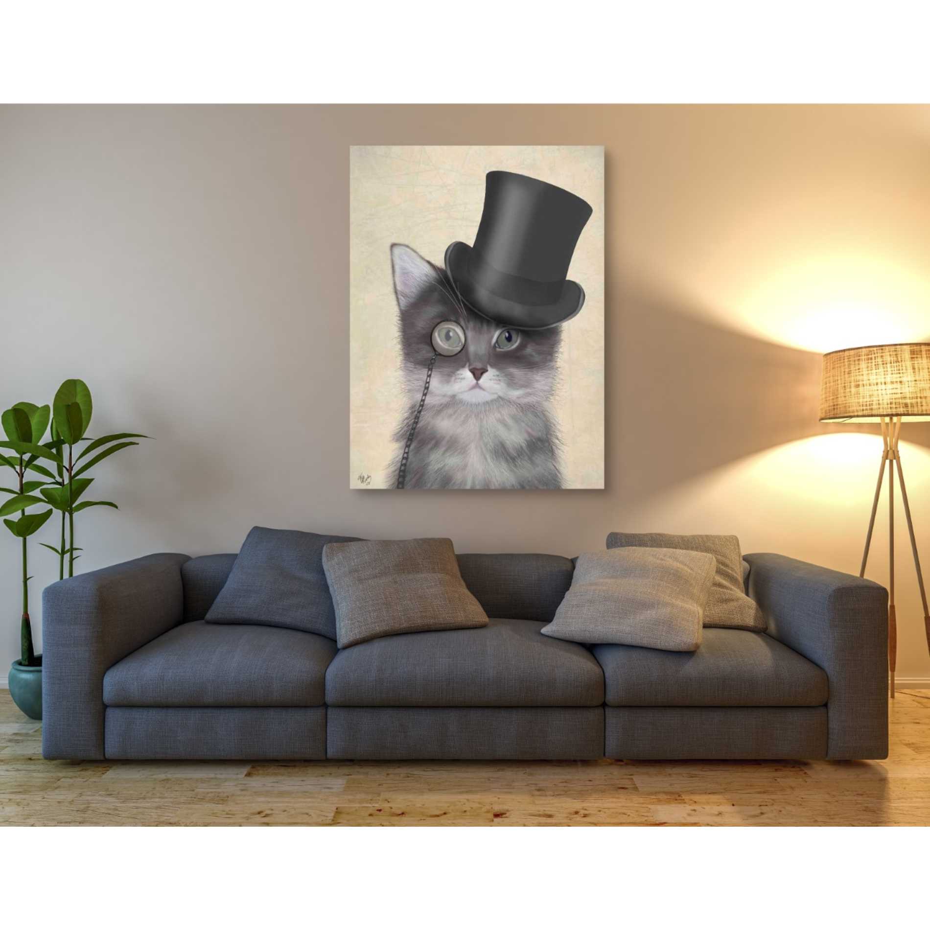 'Cat, Grey with Top Hat' by Fab Funky Giclee Canvas Wall Art