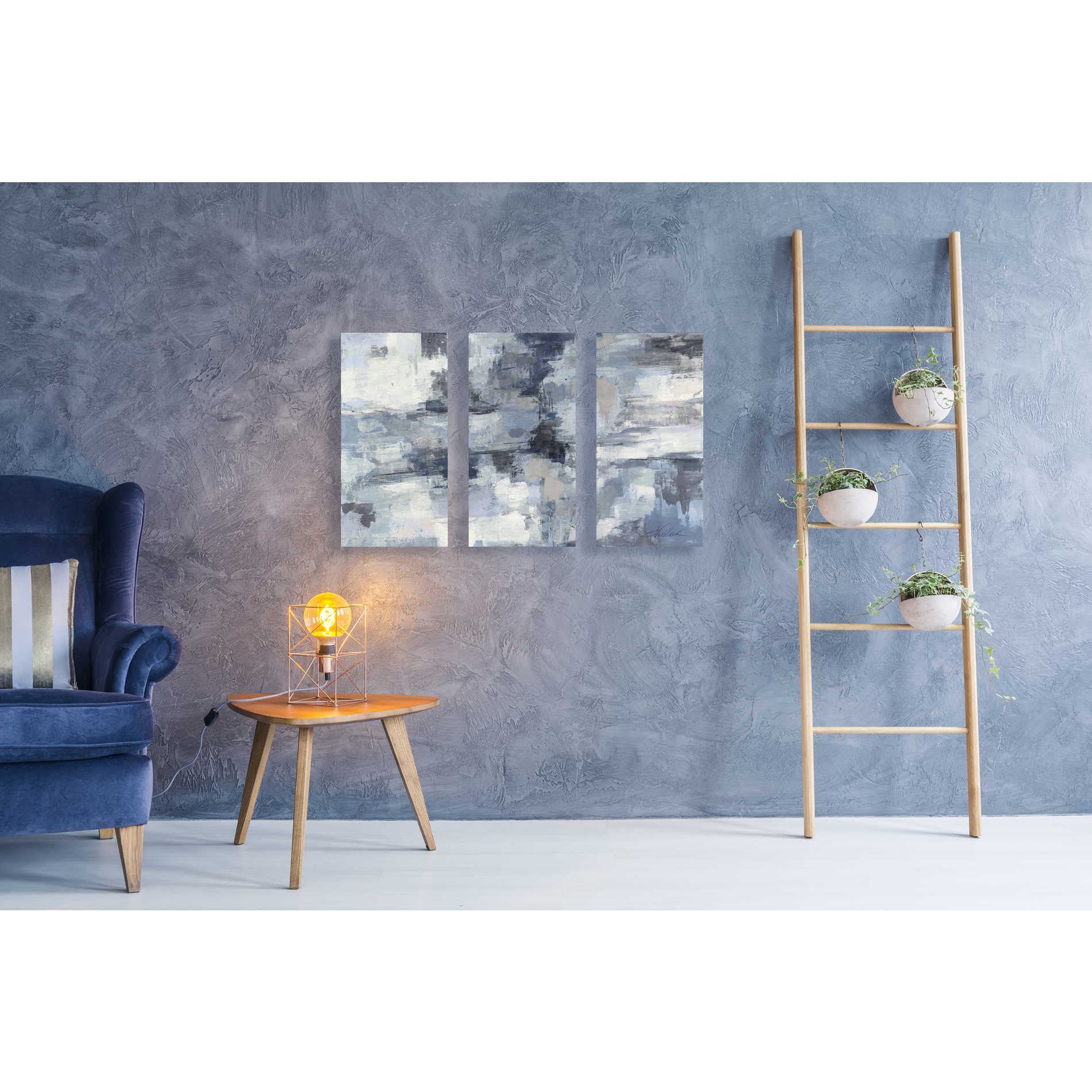 'In The Clouds Indigo and Grey' by Silvia Vassileva, Canvas Wall Art,Triptych