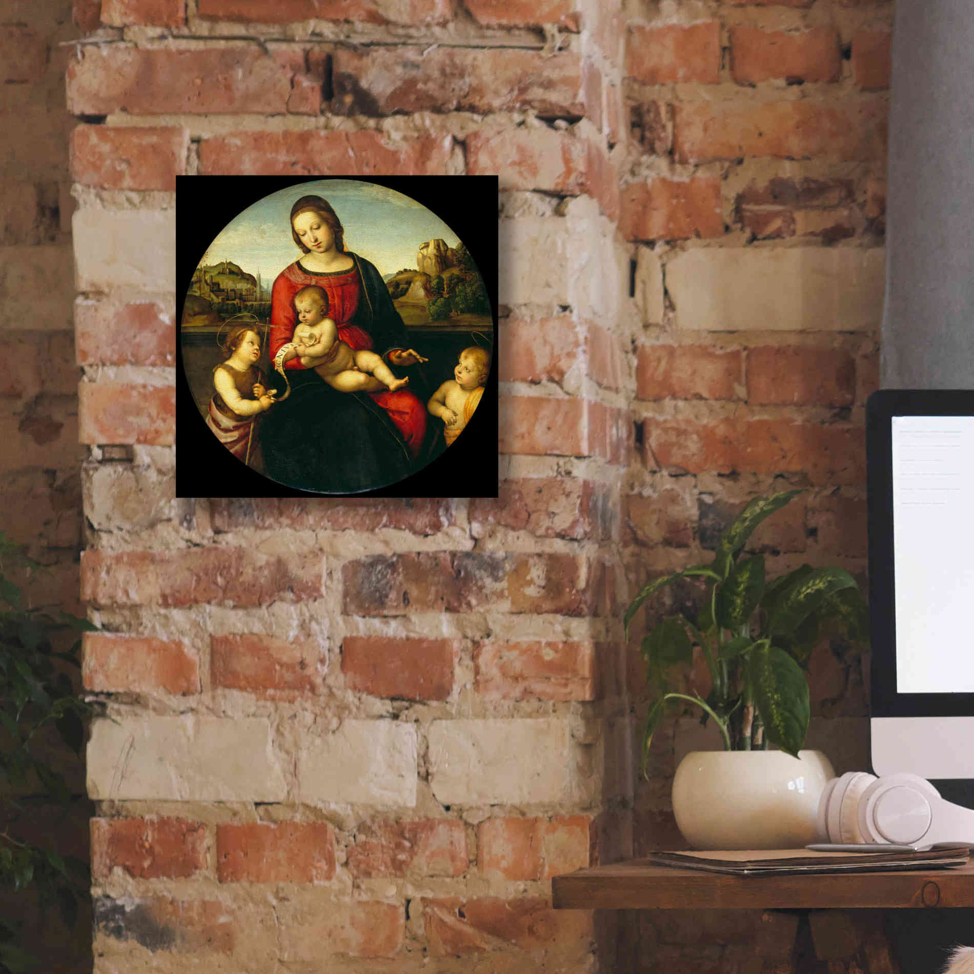 'Madonna with Child, St. John and a Child Saint' by Raphael, Canvas Wall Art,12 x 12