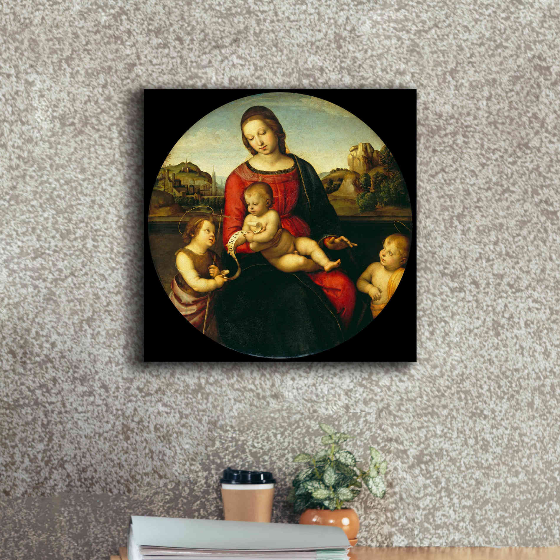 'Madonna with Child, St. John and a Child Saint' by Raphael, Canvas Wall Art,18 x 18
