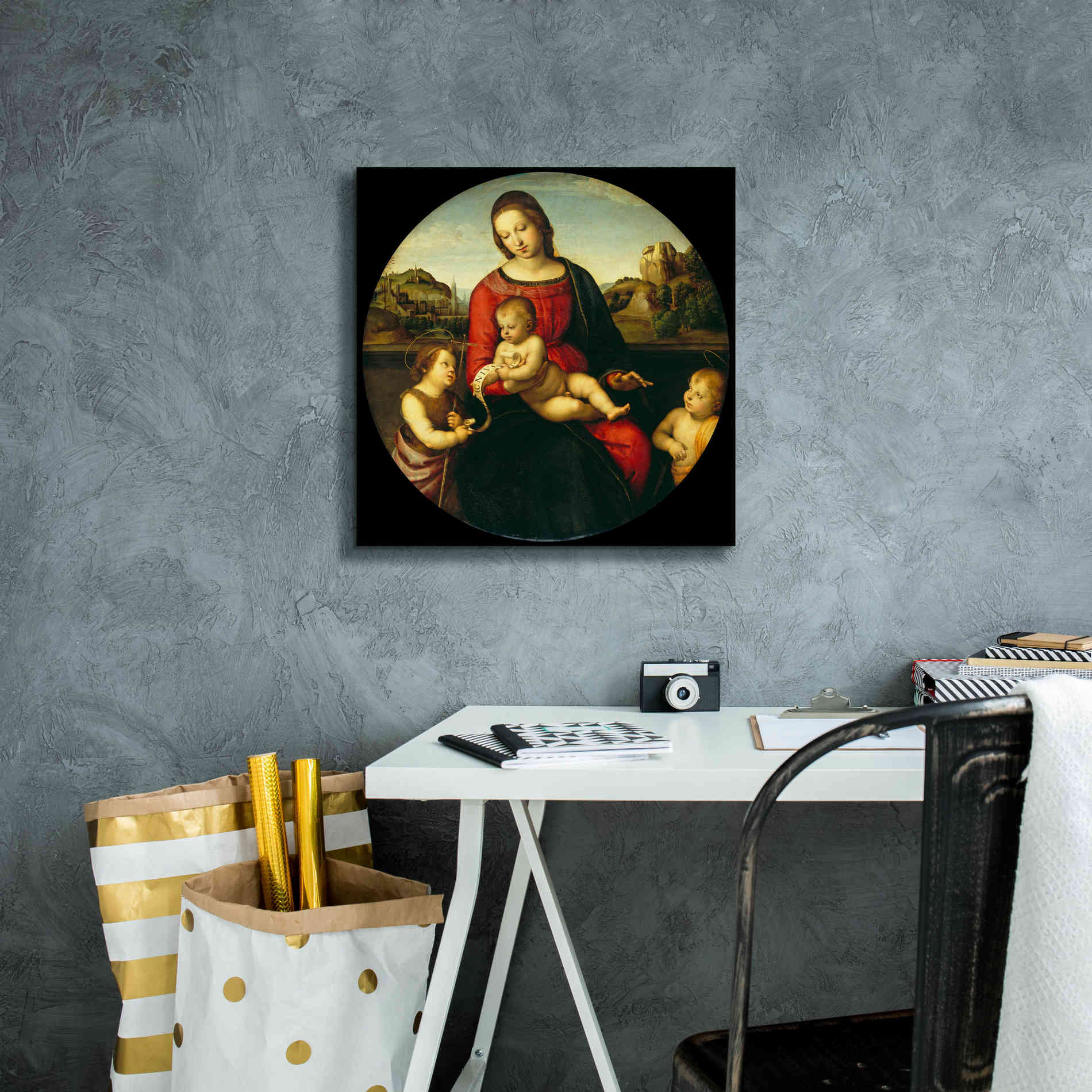 'Madonna with Child, St. John and a Child Saint' by Raphael, Canvas Wall Art,18 x 18