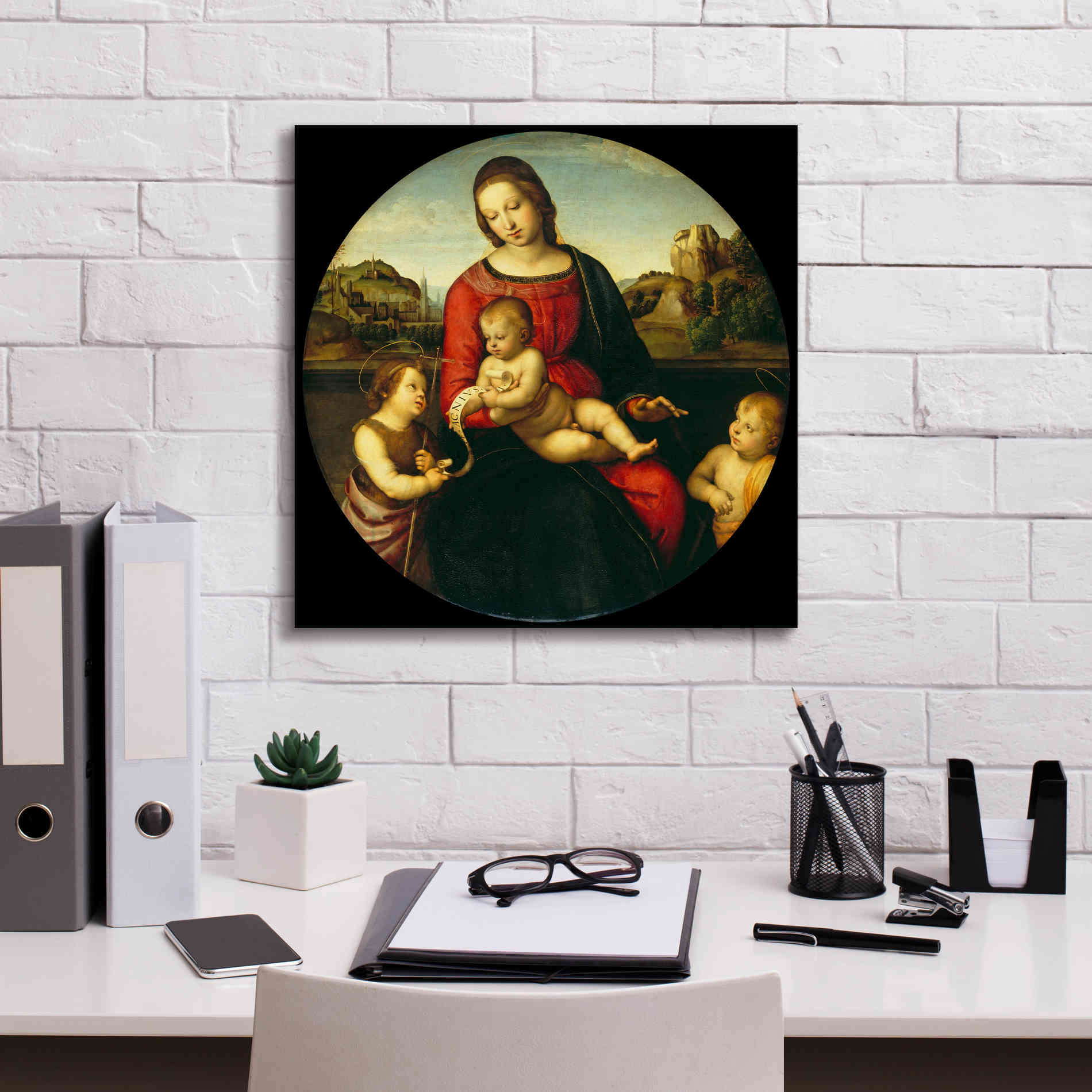 'Madonna with Child, St. John and a Child Saint' by Raphael, Canvas Wall Art,18 x 18