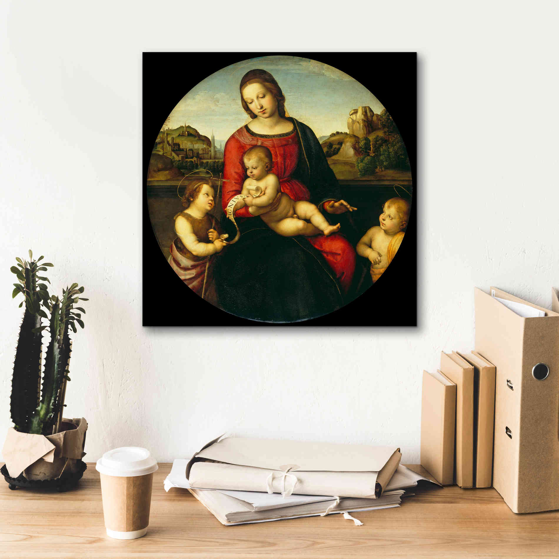'Madonna with Child, St. John and a Child Saint' by Raphael, Canvas Wall Art,18 x 18