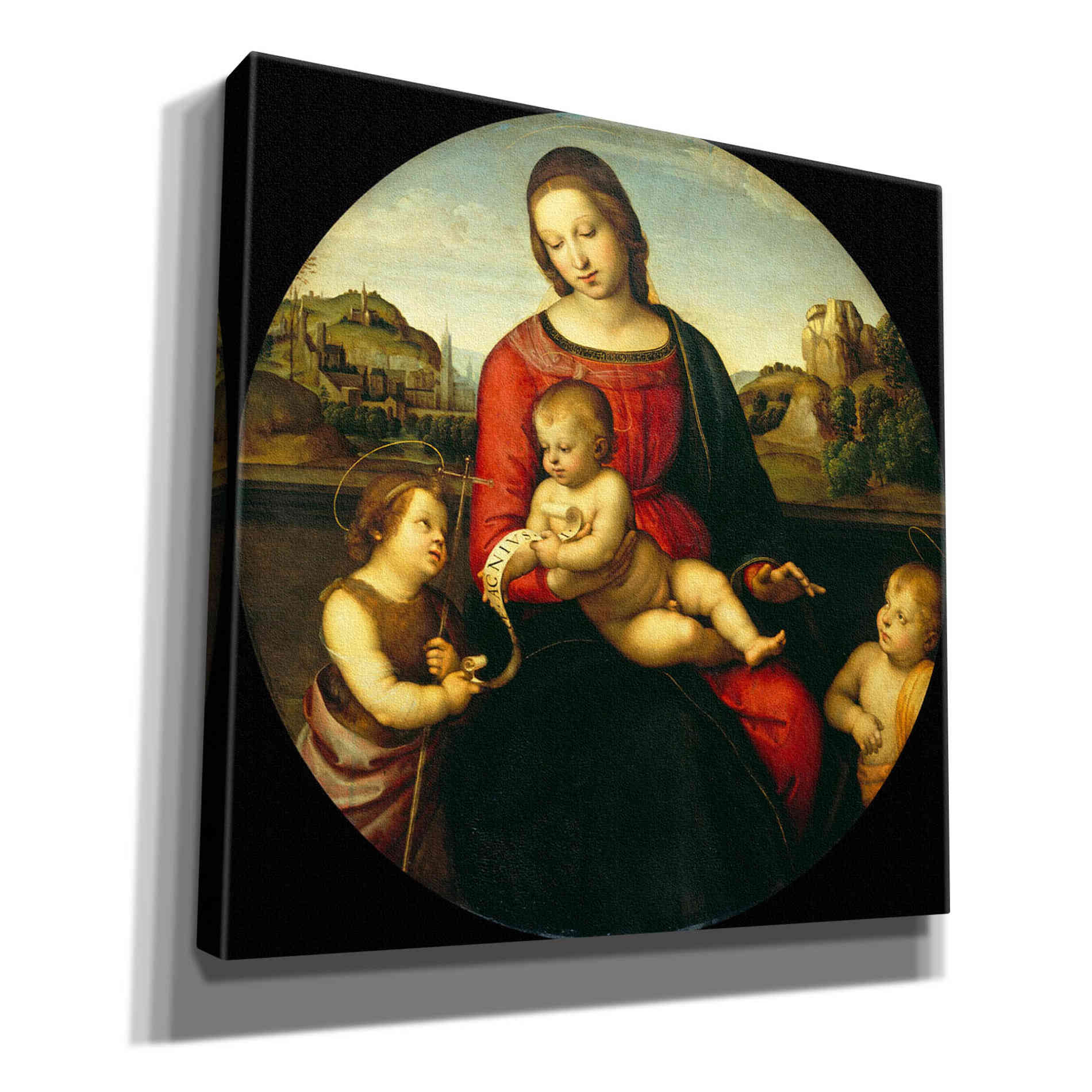'Madonna with Child, St. John and a Child Saint' by Raphael, Canvas Wall Art