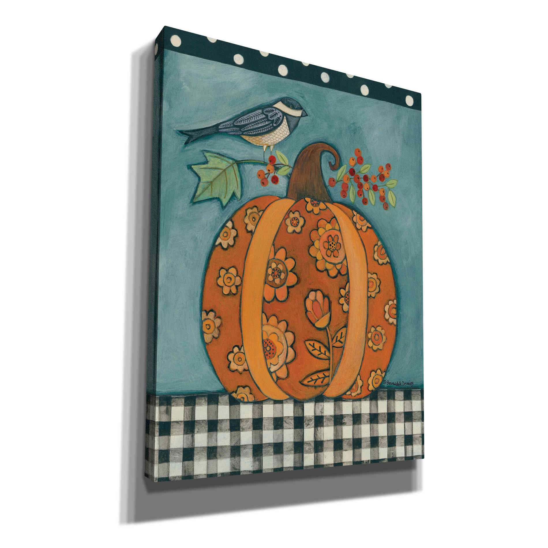 "Patterned Pumpkin and Bird" by Bernadette Deming, Canvas Wall Art