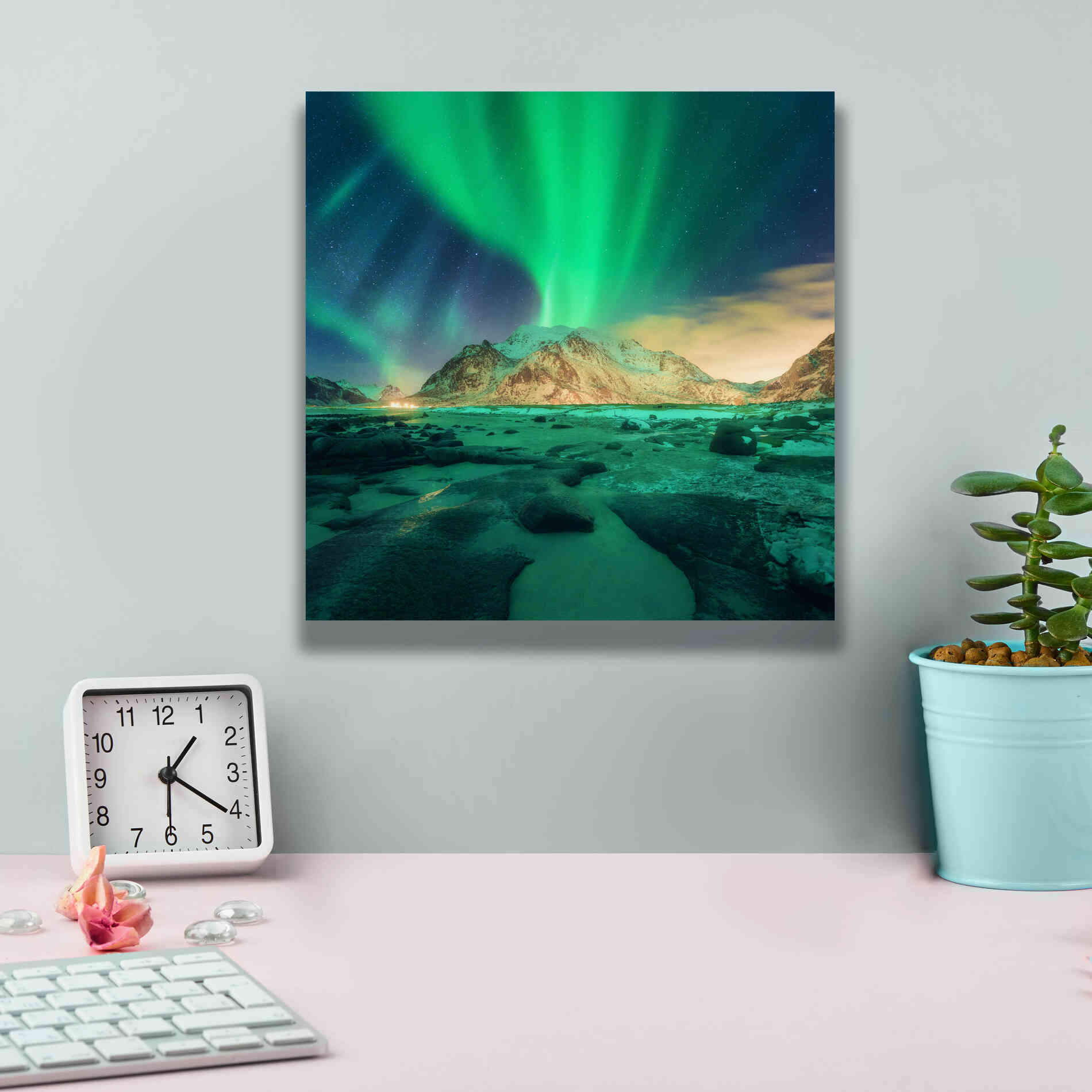 'Aurora Over Snowy Mountains' by Epic Portfolio, Giclee Canvas Wall Art,12x12