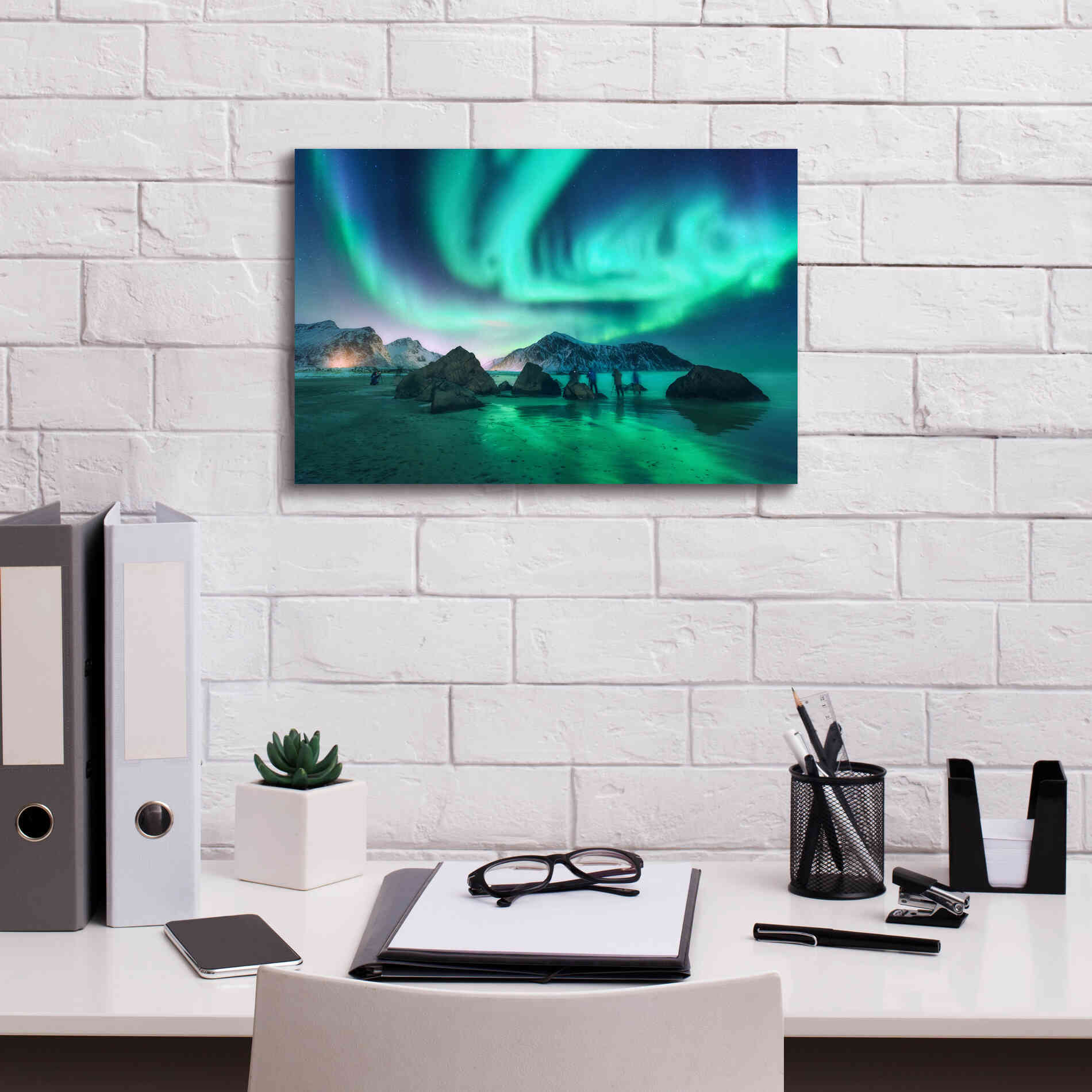 'Green Aurora Borealis And People' by Epic Portfolio, Giclee Canvas Wall Art,18x12