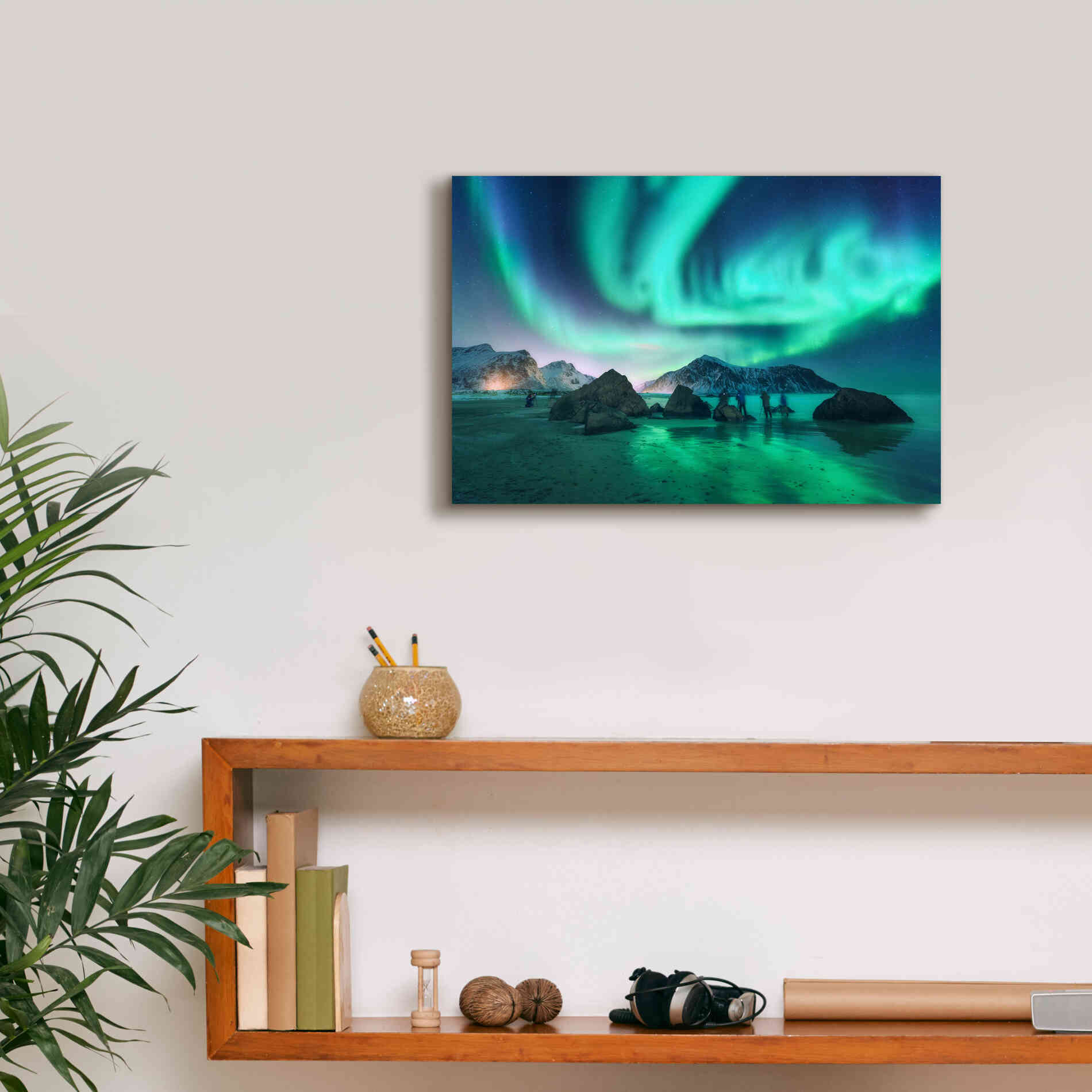 'Green Aurora Borealis And People' by Epic Portfolio, Giclee Canvas Wall Art,18x12