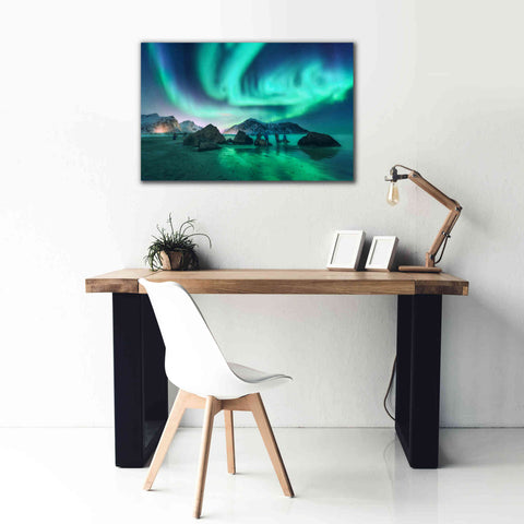 Image of 'Green Aurora Borealis And People' by Epic Portfolio, Giclee Canvas Wall Art,40x26