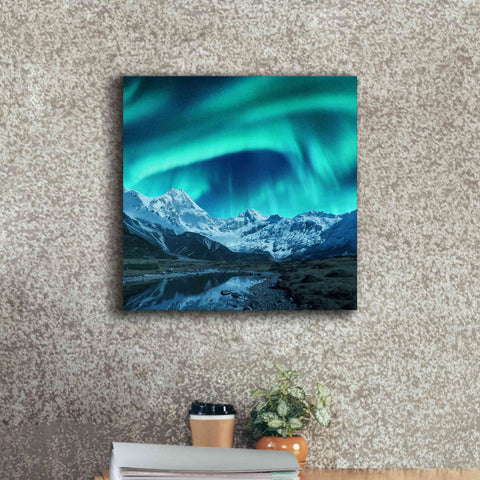 Image of 'Northern Lights Above Snow Covered Rocks' by Epic Portfolio, Giclee Canvas Wall Art,18x18