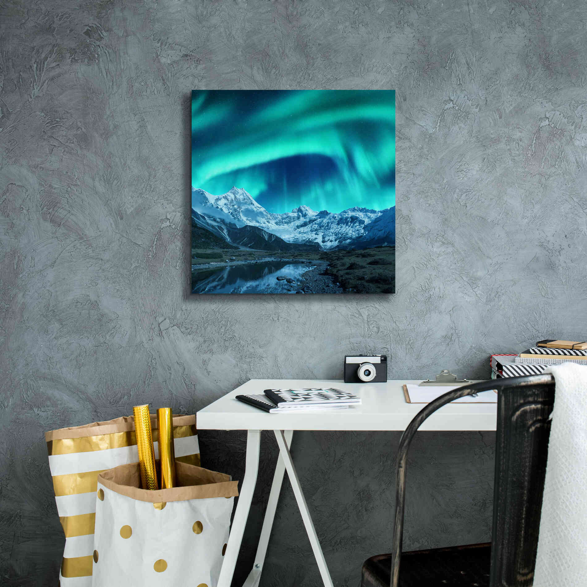 'Northern Lights Above Snow Covered Rocks' by Epic Portfolio, Giclee Canvas Wall Art,18x18