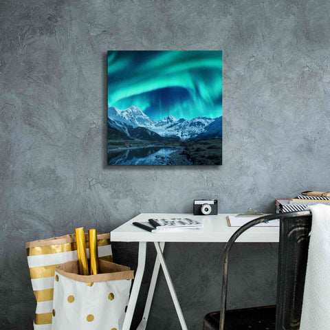 Image of 'Northern Lights Above Snow Covered Rocks' by Epic Portfolio, Giclee Canvas Wall Art,18x18