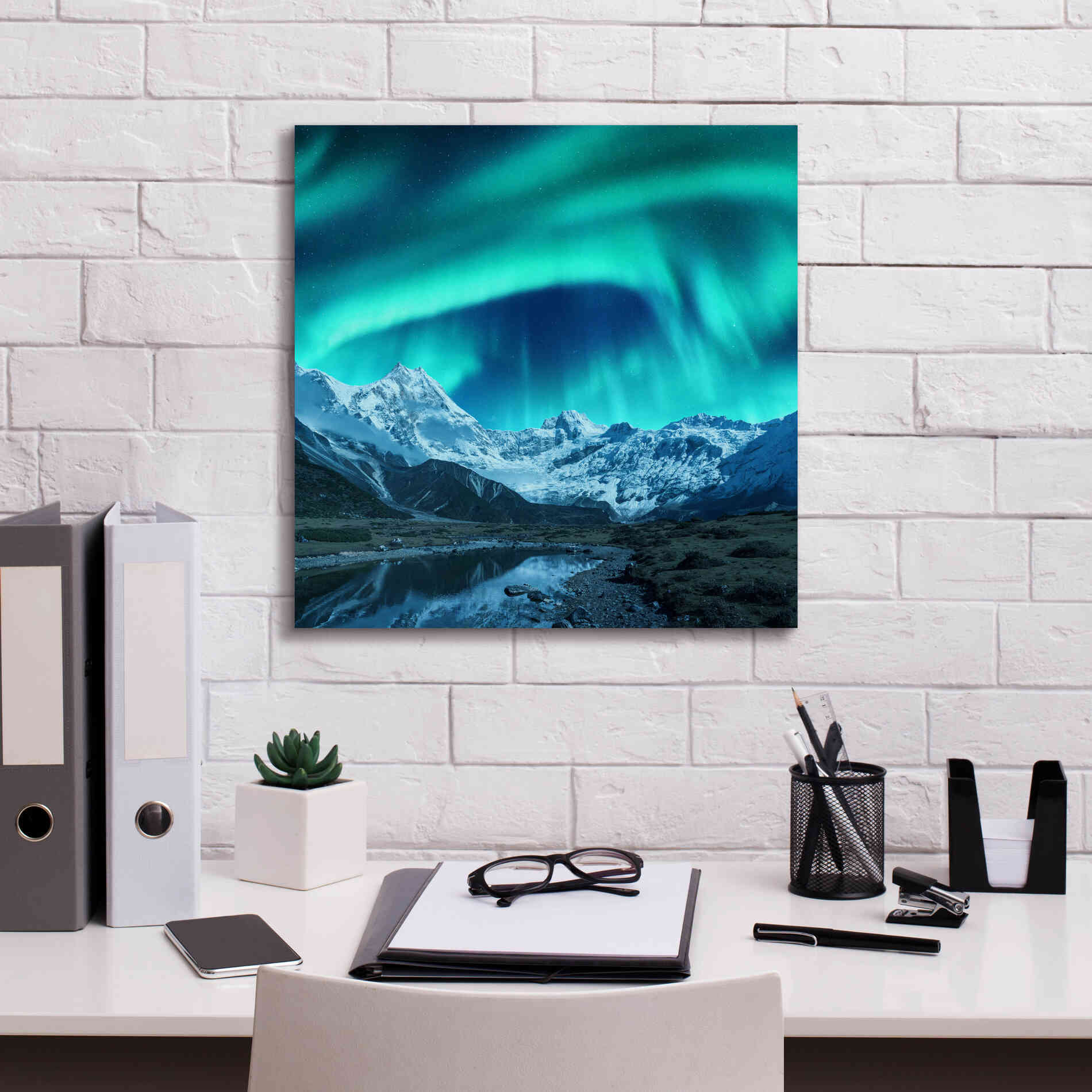 'Northern Lights Above Snow Covered Rocks' by Epic Portfolio, Giclee Canvas Wall Art,18x18