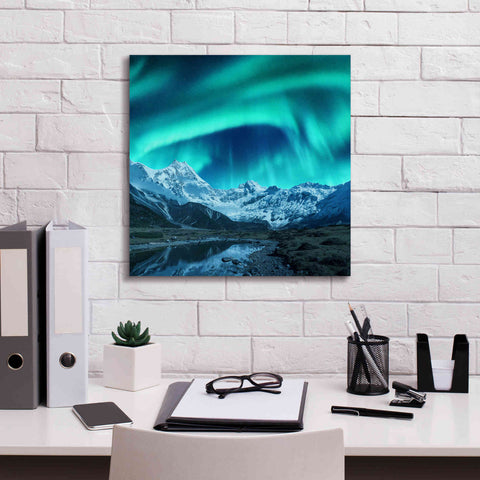 Image of 'Northern Lights Above Snow Covered Rocks' by Epic Portfolio, Giclee Canvas Wall Art,18x18