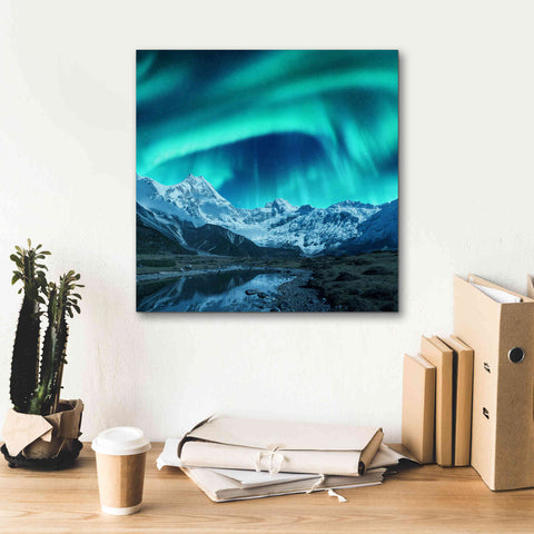 Image of 'Northern Lights Above Snow Covered Rocks' by Epic Portfolio, Giclee Canvas Wall Art,18x18