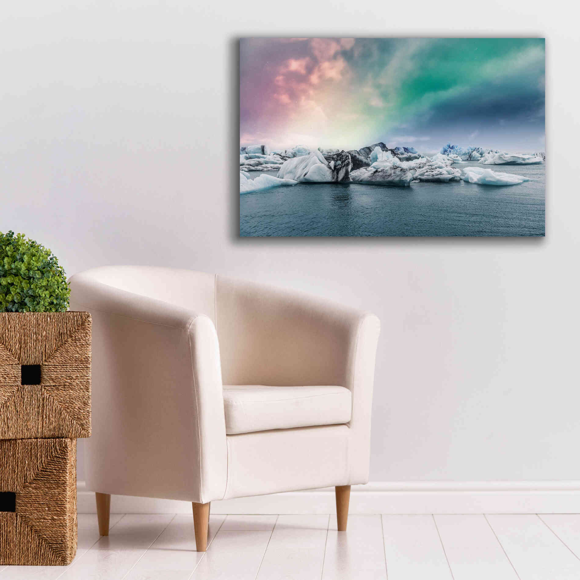 'Northern Lights Aurora Borealis Over Jokulsarlon' by Epic Portfolio, Giclee Canvas Wall Art,40x26
