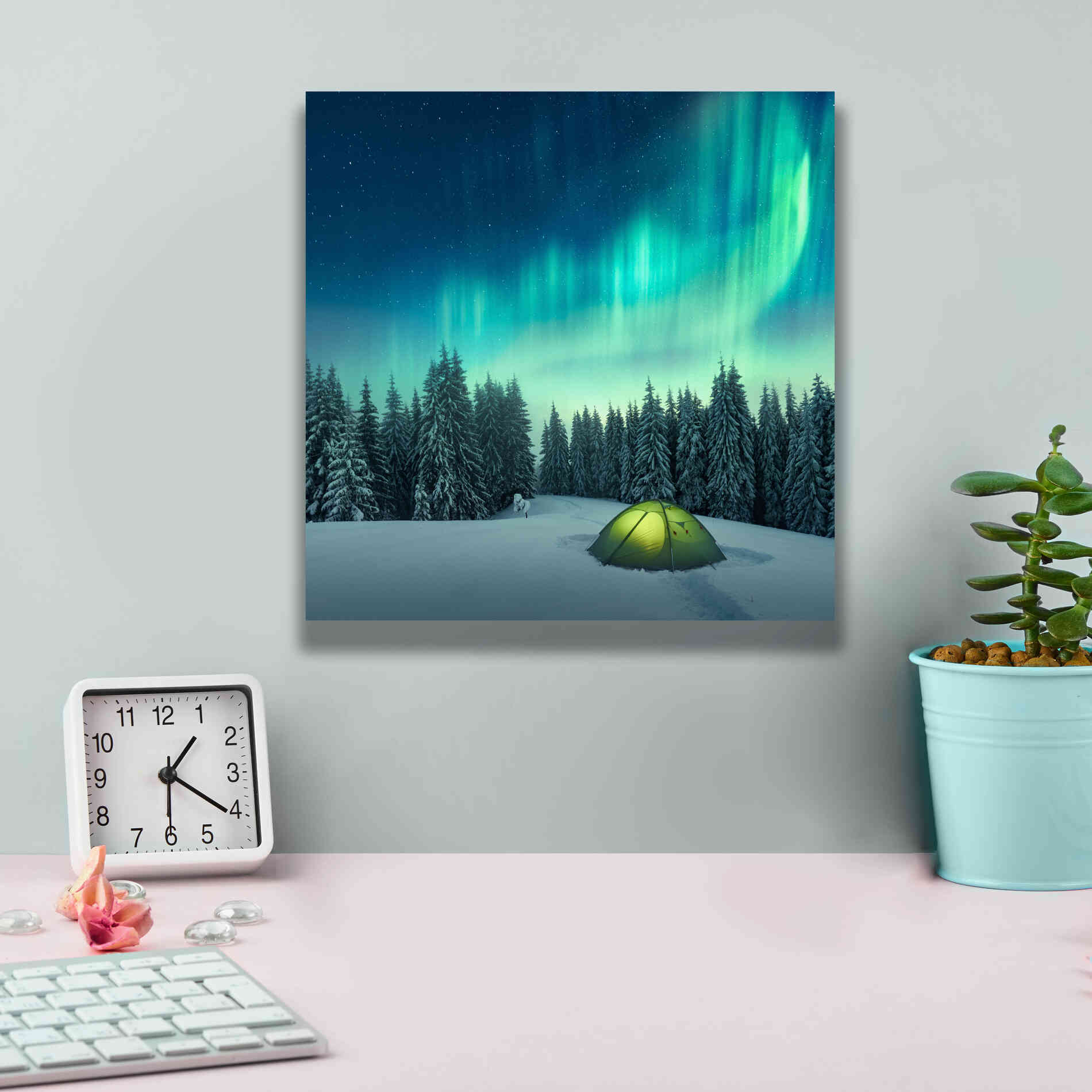 'Northern Lights In Winter Forest 1' by Epic Portfolio, Giclee Canvas Wall Art,12x12