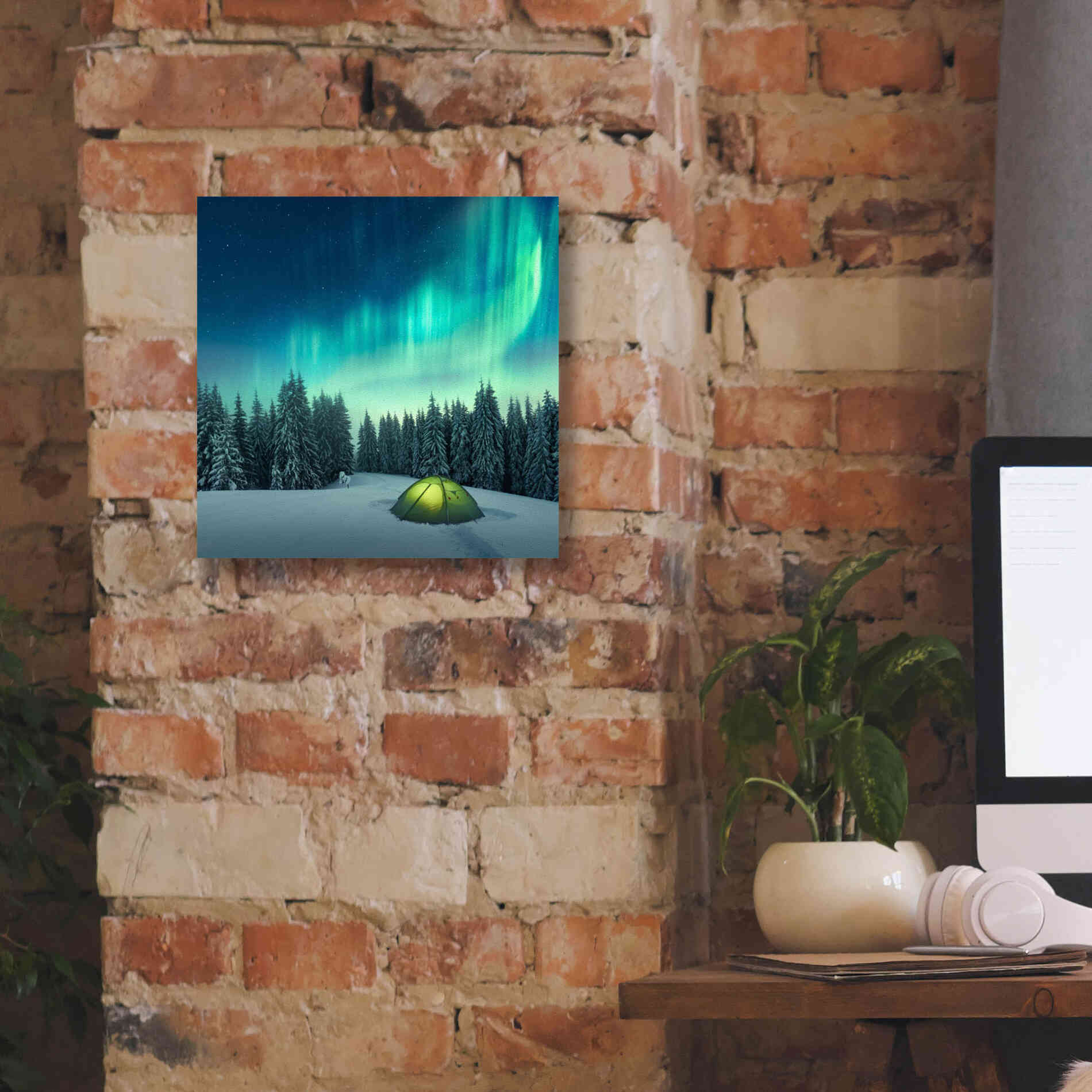 'Northern Lights In Winter Forest 1' by Epic Portfolio, Giclee Canvas Wall Art,12x12