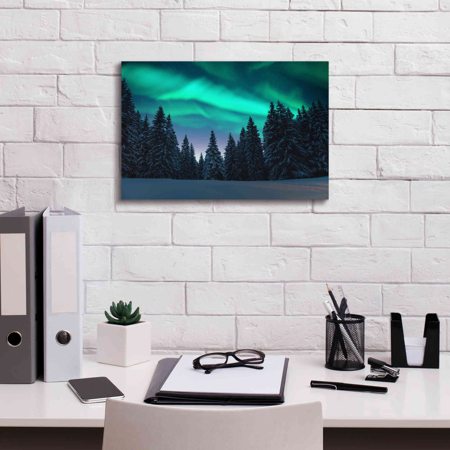 'Northern Lights In Winter Forest 3' by Epic Portfolio, Giclee Canvas Wall Art,18x12