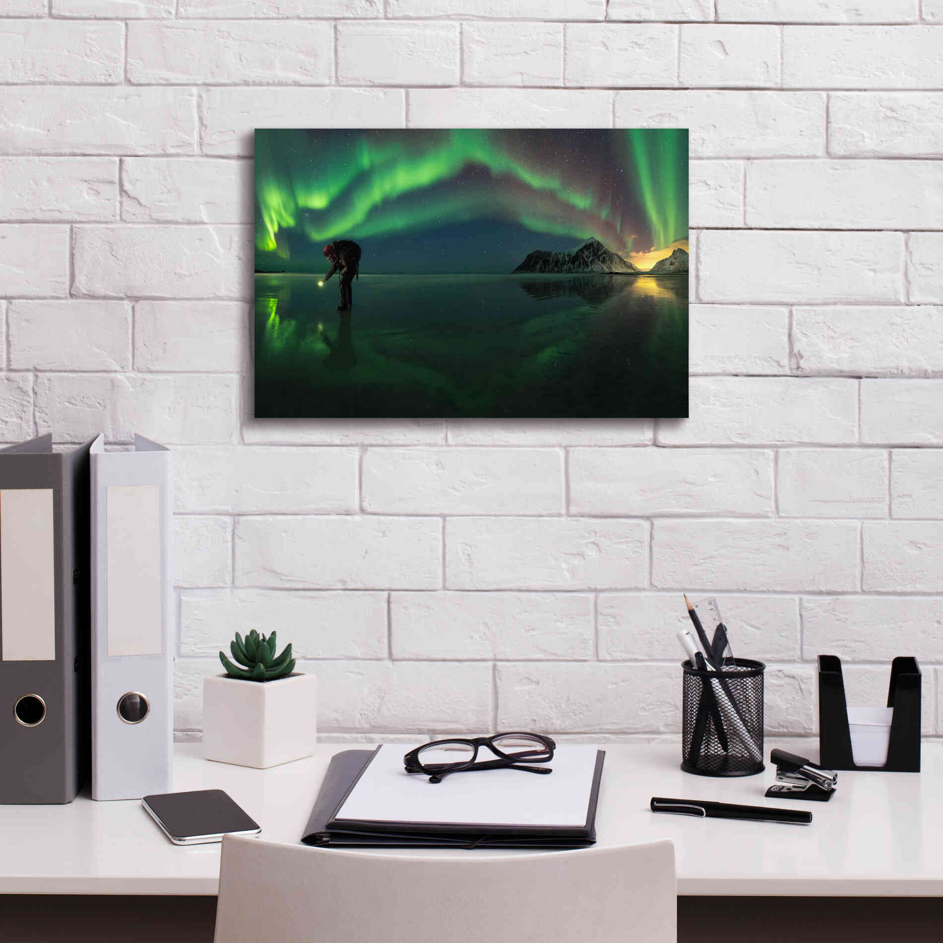 'Person On Ice During Northern Lights' by Epic Portfolio, Giclee Canvas Wall Art,18x12