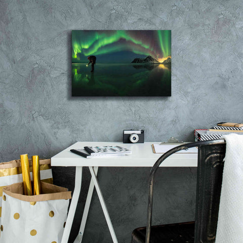 Image of 'Person On Ice During Northern Lights' by Epic Portfolio, Giclee Canvas Wall Art,18x12