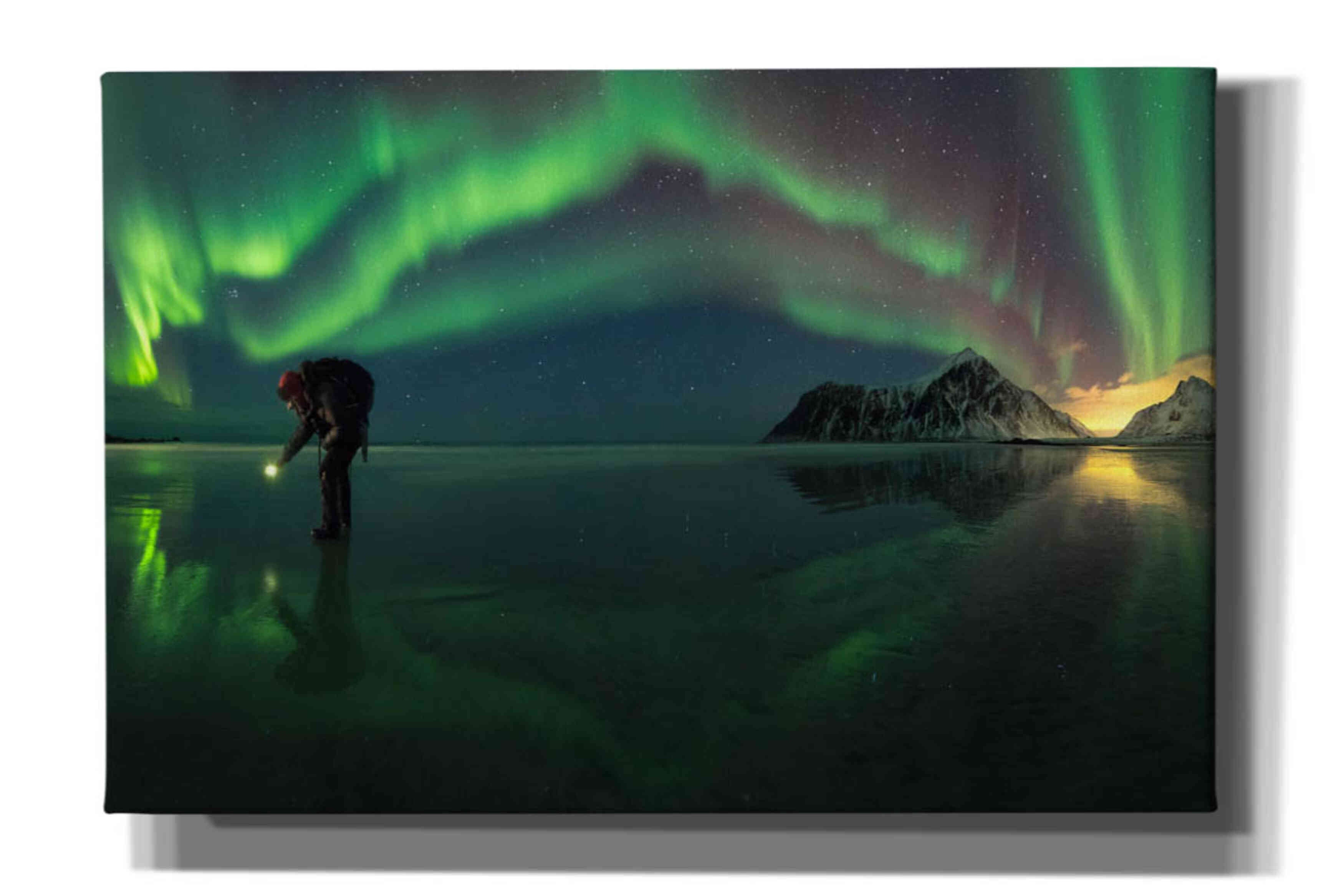 'Person On Ice During Northern Lights' by Epic Portfolio, Giclee Canvas Wall Art