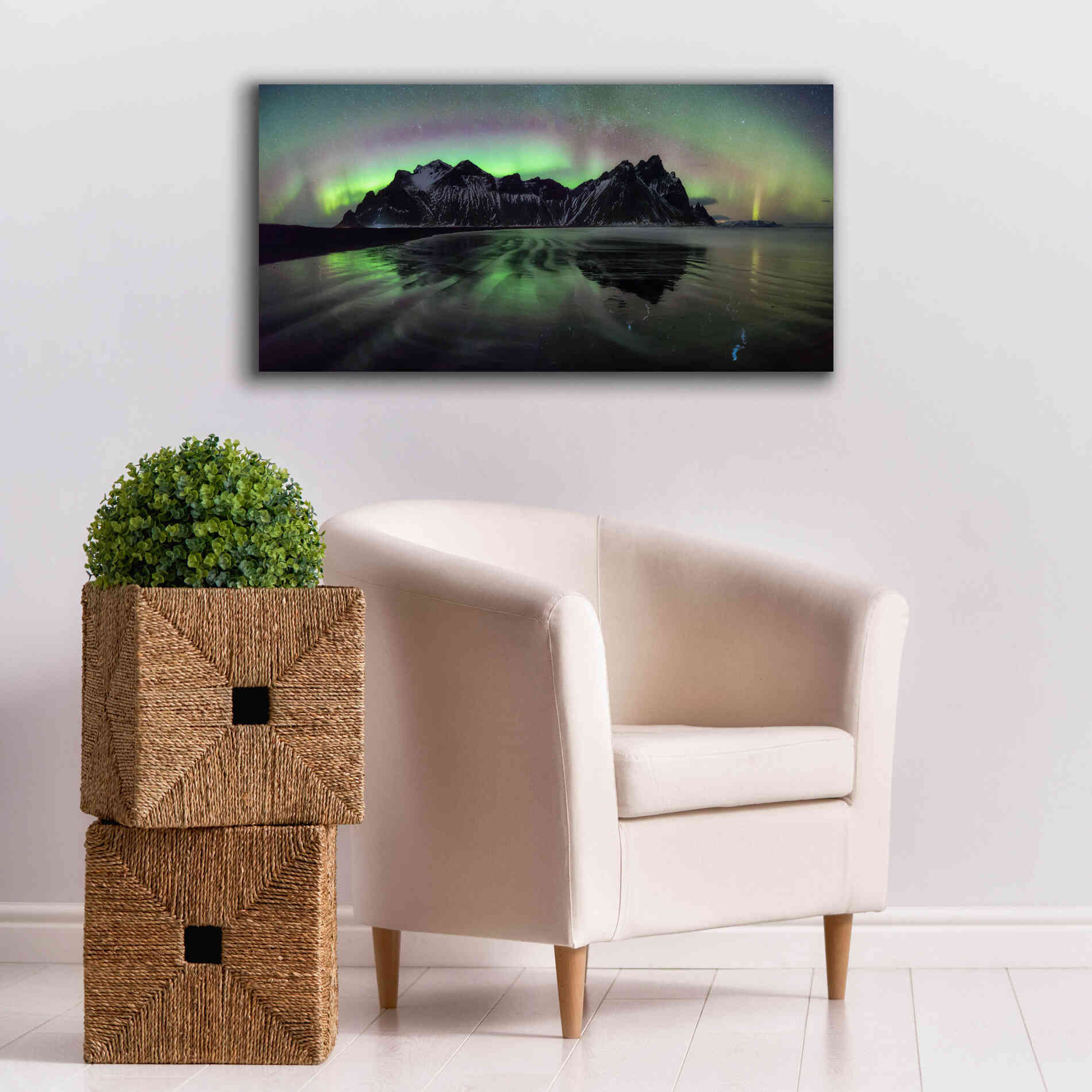 'Water And Mountain During Northern Lights' by Epic Portfolio, Giclee Canvas Wall Art,40x20