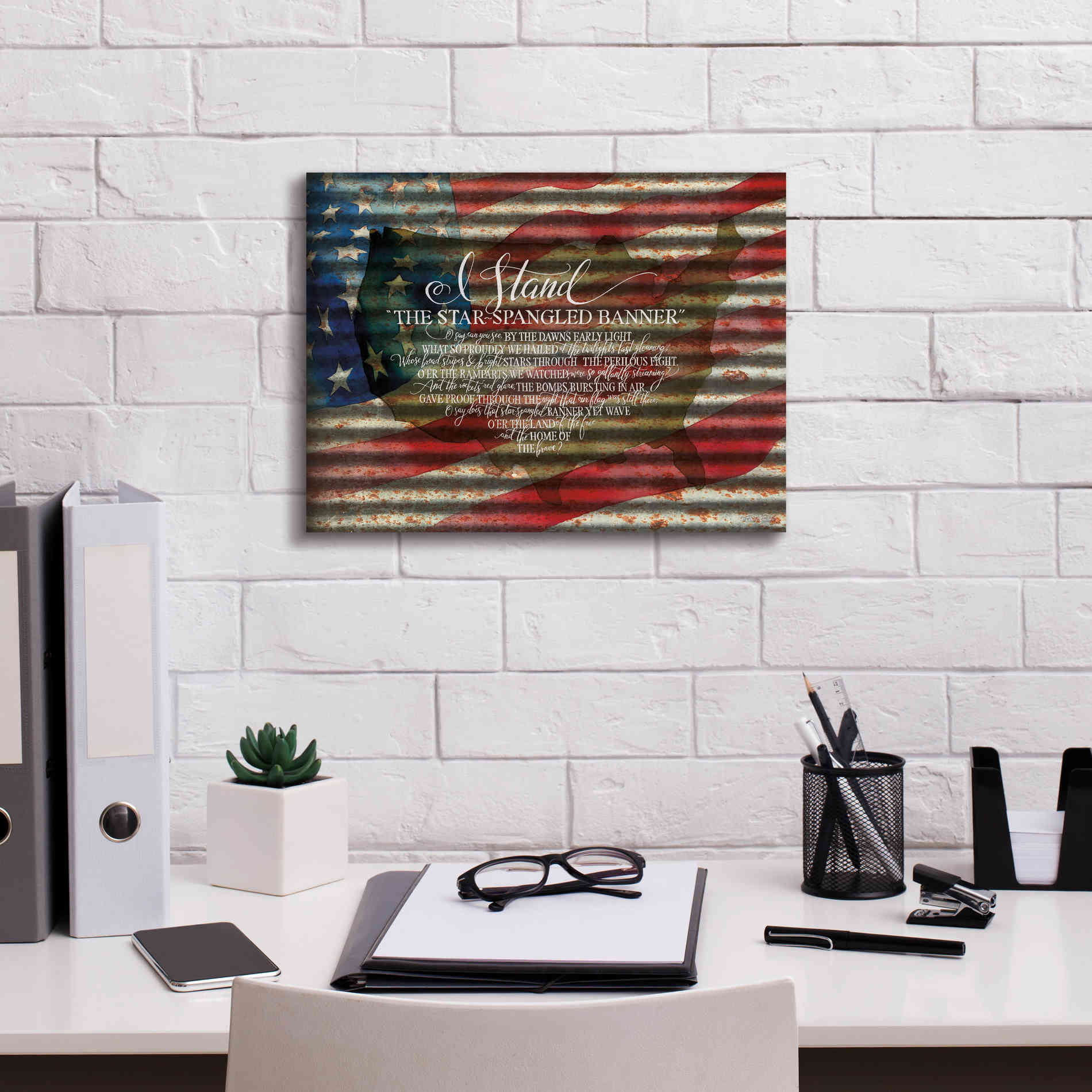 'I Stand American Flag on Metal' by Cindy Jacobs, Canvas Wall Art,16 x 12
