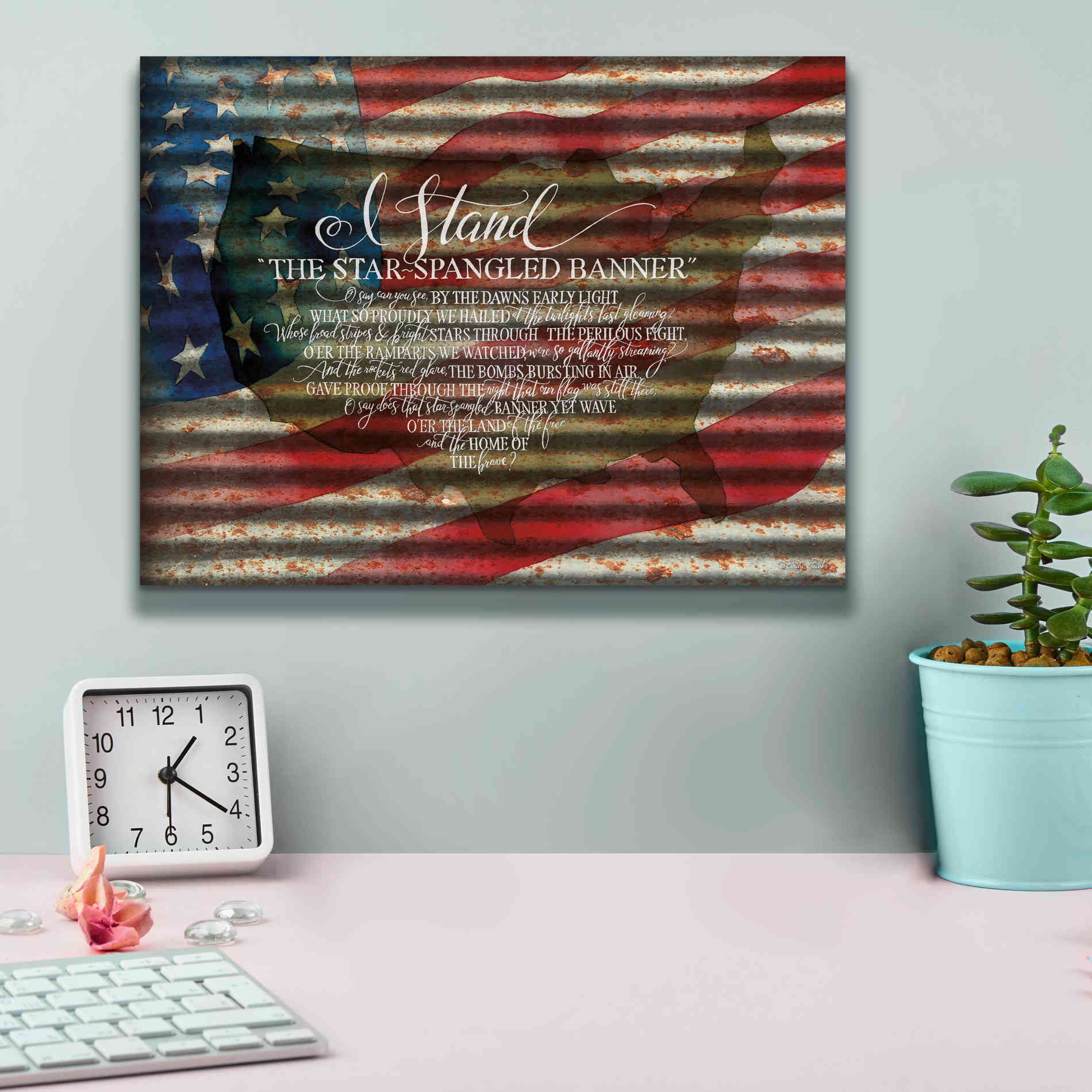 'I Stand American Flag on Metal' by Cindy Jacobs, Canvas Wall Art,16 x 12