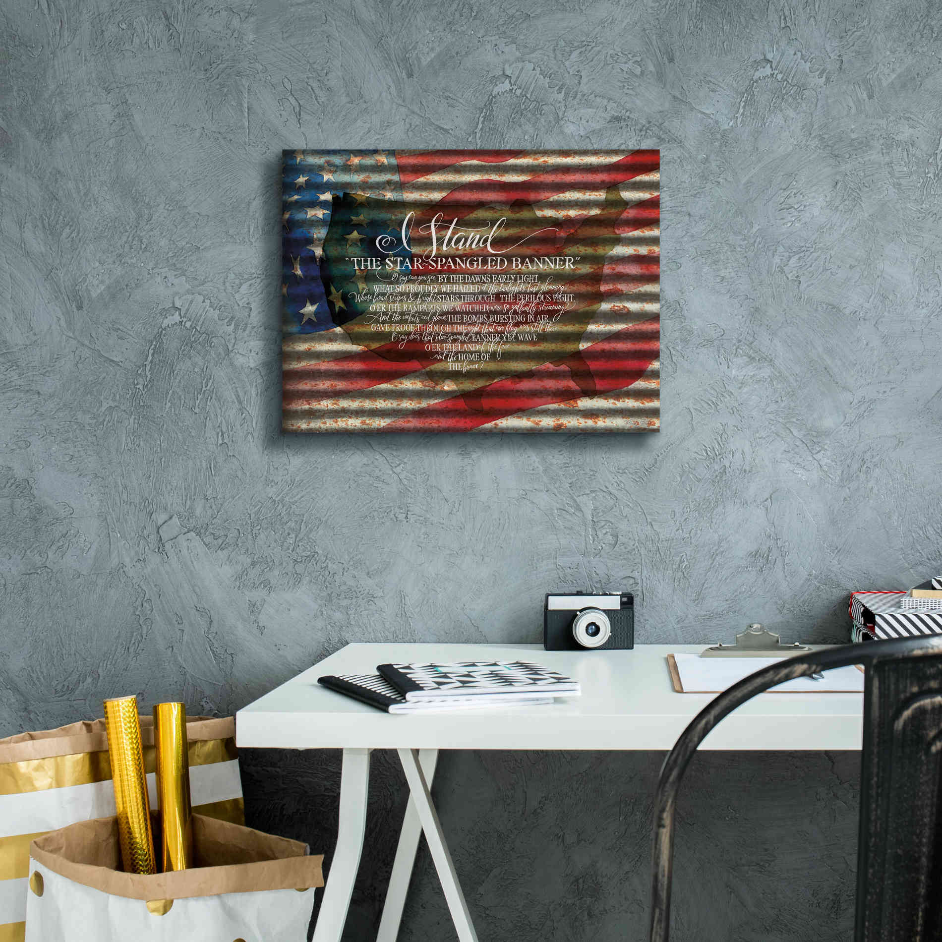 'I Stand American Flag on Metal' by Cindy Jacobs, Canvas Wall Art,16 x 12
