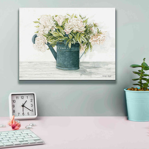 Image of 'Galvanized Watering Can Peonies' by Cindy Jacobs, Canvas Wall Art,16 x 12