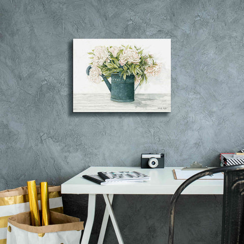 Image of 'Galvanized Watering Can Peonies' by Cindy Jacobs, Canvas Wall Art,16 x 12