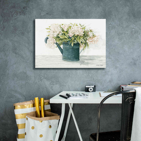 Image of 'Galvanized Watering Can Peonies' by Cindy Jacobs, Canvas Wall Art,26 x 18