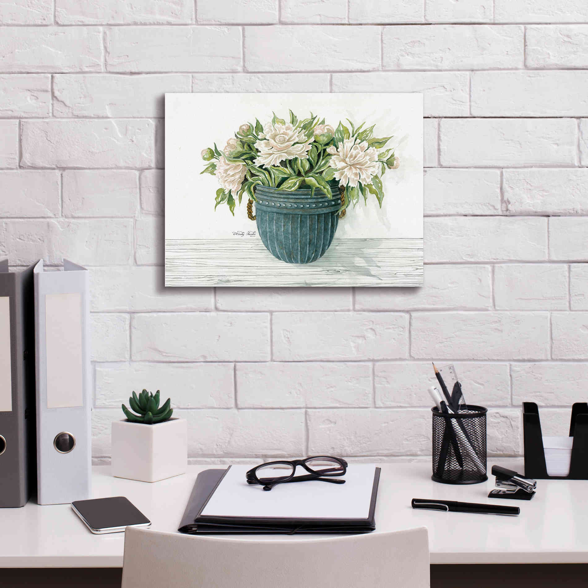 'Galvanized Pot Peonies' by Cindy Jacobs, Canvas Wall Art,16 x 12