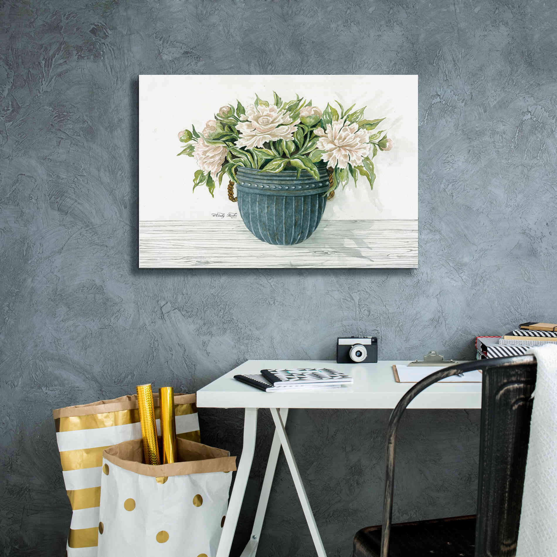 'Galvanized Pot Peonies' by Cindy Jacobs, Canvas Wall Art,26 x 18