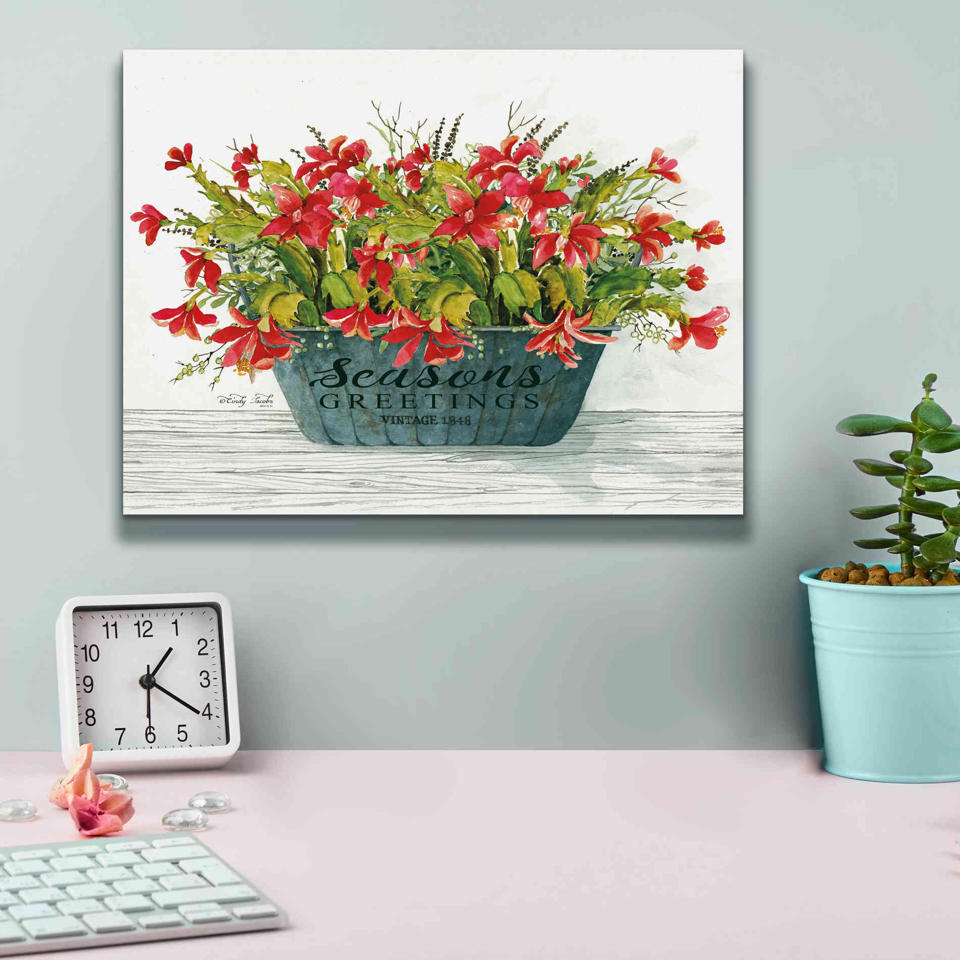 'Seasons Greetings Pot' by Cindy Jacobs, Canvas Wall Art,16 x 12