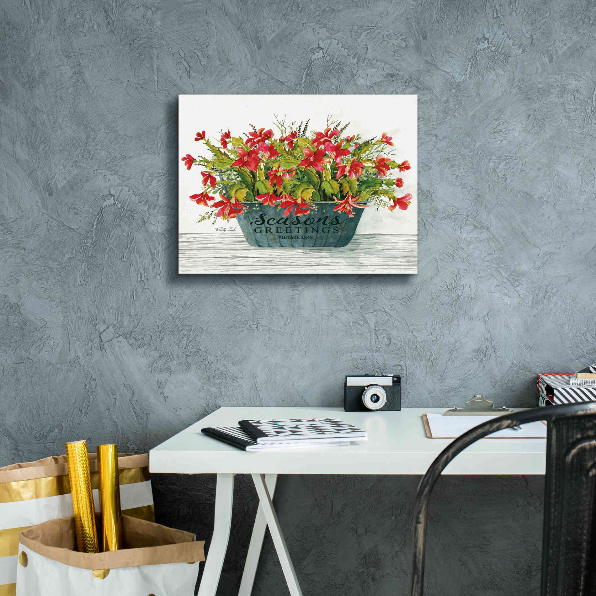 'Seasons Greetings Pot' by Cindy Jacobs, Canvas Wall Art,16 x 12