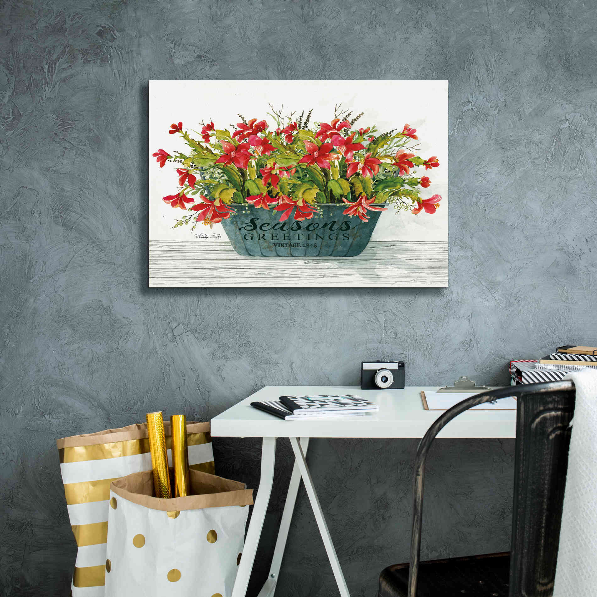 'Seasons Greetings Pot' by Cindy Jacobs, Canvas Wall Art,26 x 18