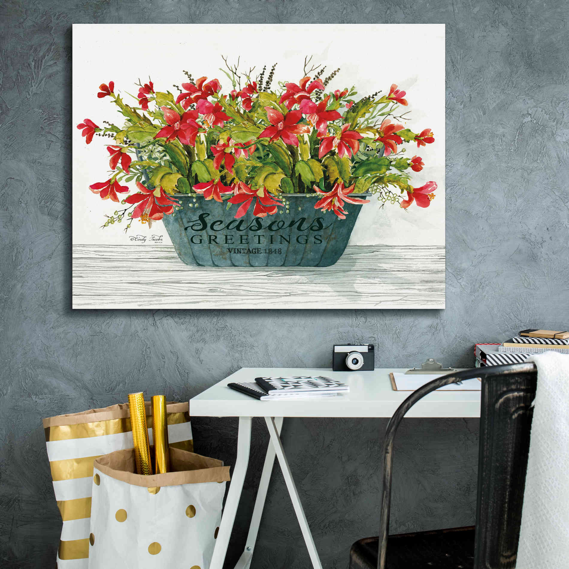 'Seasons Greetings Pot' by Cindy Jacobs, Canvas Wall Art,34 x 26