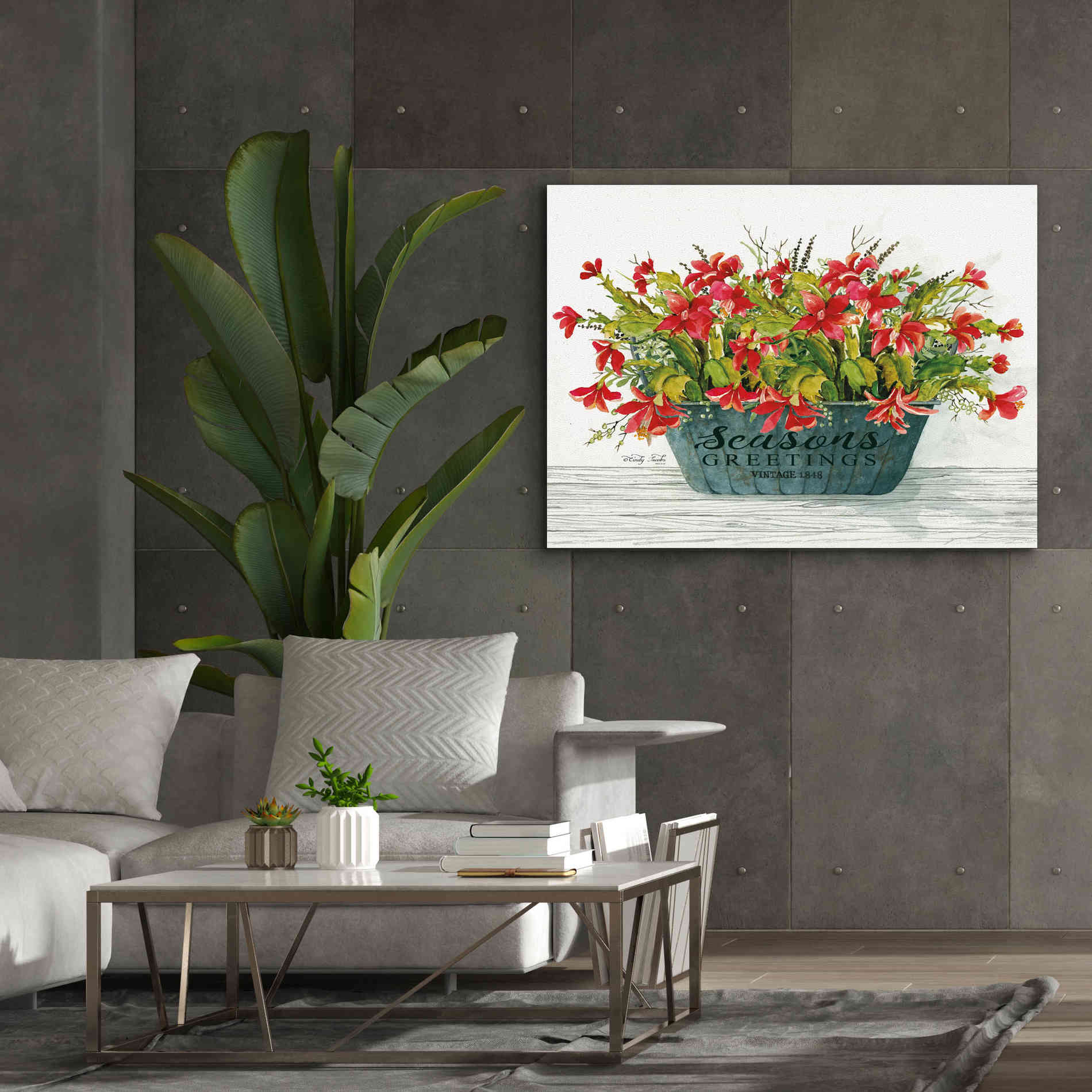 'Seasons Greetings Pot' by Cindy Jacobs, Canvas Wall Art,54 x 40