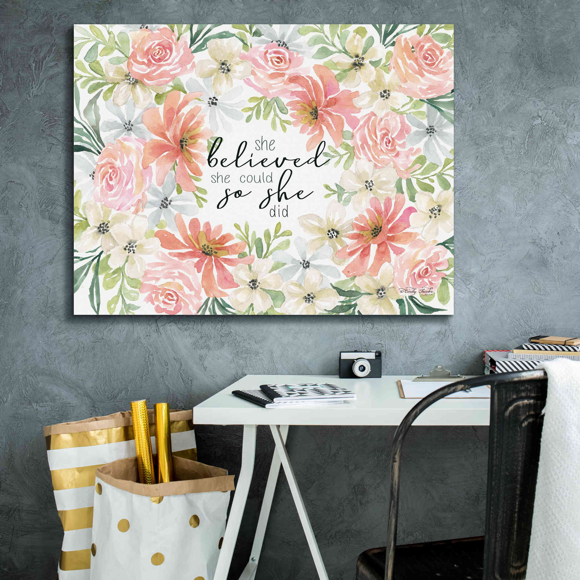 'Floral She Believed' by Cindy Jacobs, Canvas Wall Art,34 x 26